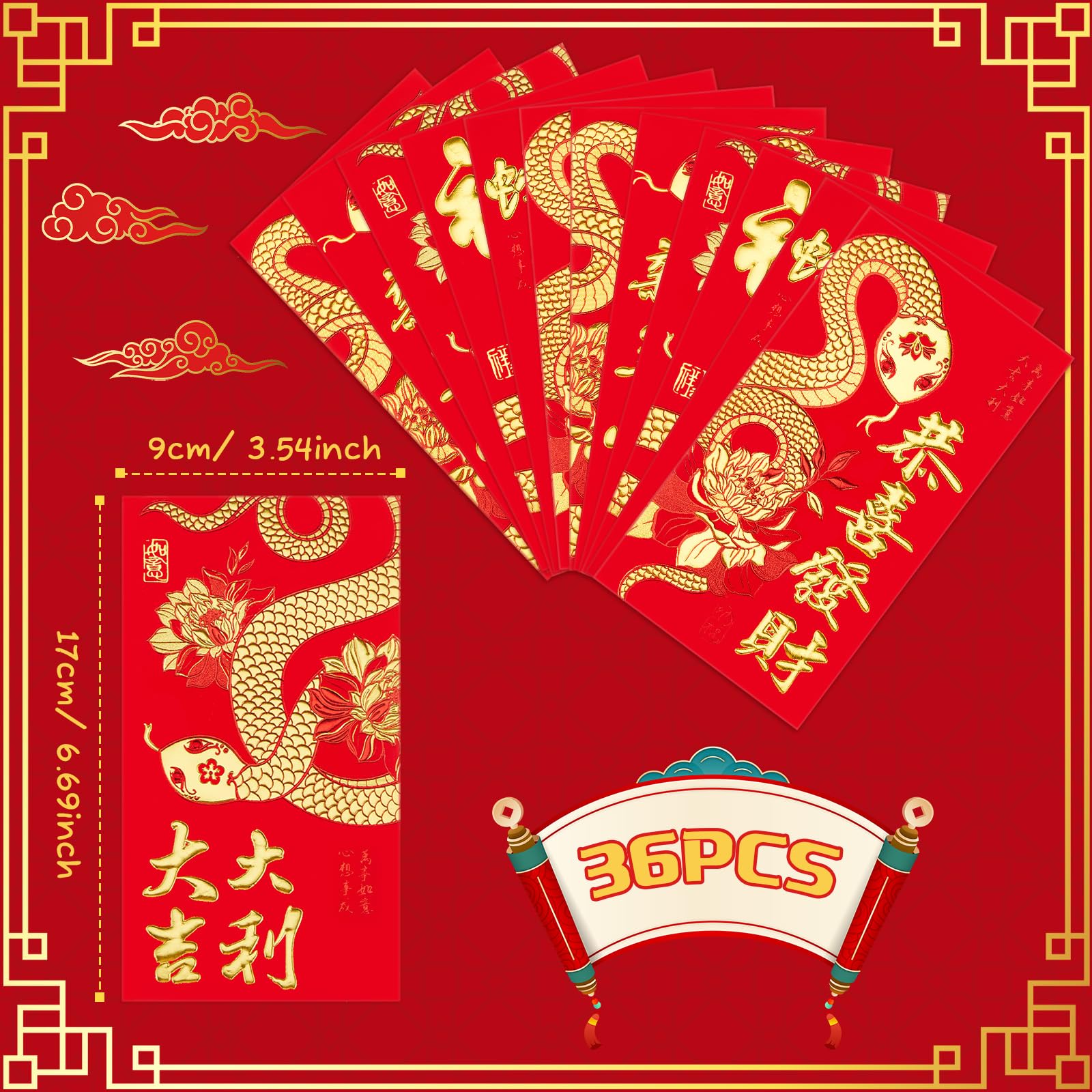 Tenare 36 Sobres de Año Nuevo Chino de Serpiente con 40 Monedas de Fortuna de Feng Shui, Sobres Rojos Chinos Paquete de Hong Bao Monedas Chinas Doradas de Suerte I Ching para Festival de Primavera