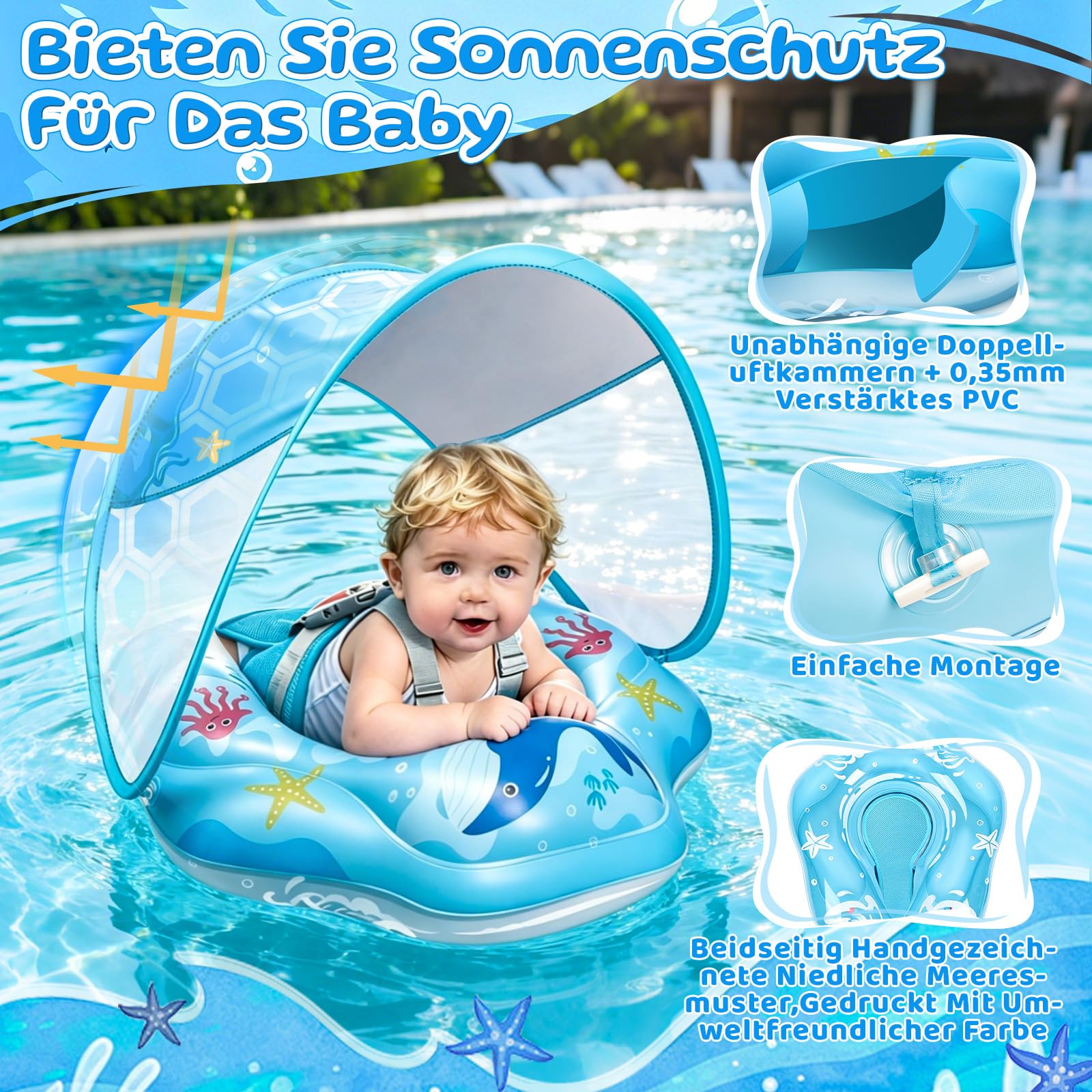 IEEILULU Schwimmring Baby, Baby Schwimmring mit Sonnendach Abnehmbarem UPF 50+ und Reparaturaufkleber, Schwimmtrainer Kleinkind für 6-36 Monaten für Pool, Strand und Schwimmbad
