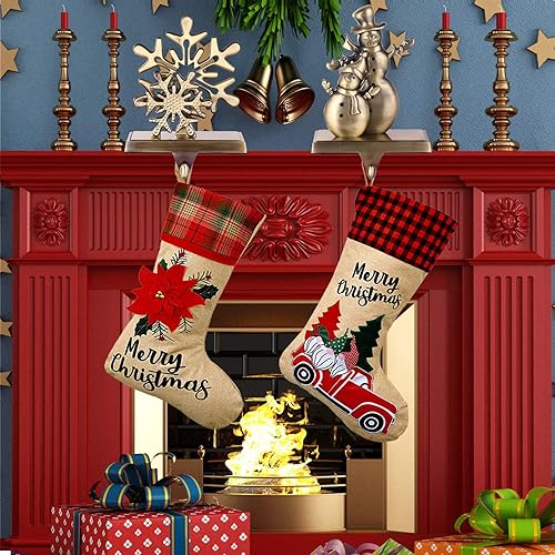 Miniatura 6 de Juego de 4 ganchos de calcetines de Navidad para repisa, árbol de Navidad, reno, Papá Noel, muñeco de nieve, soportes para calcetines para chimenea,