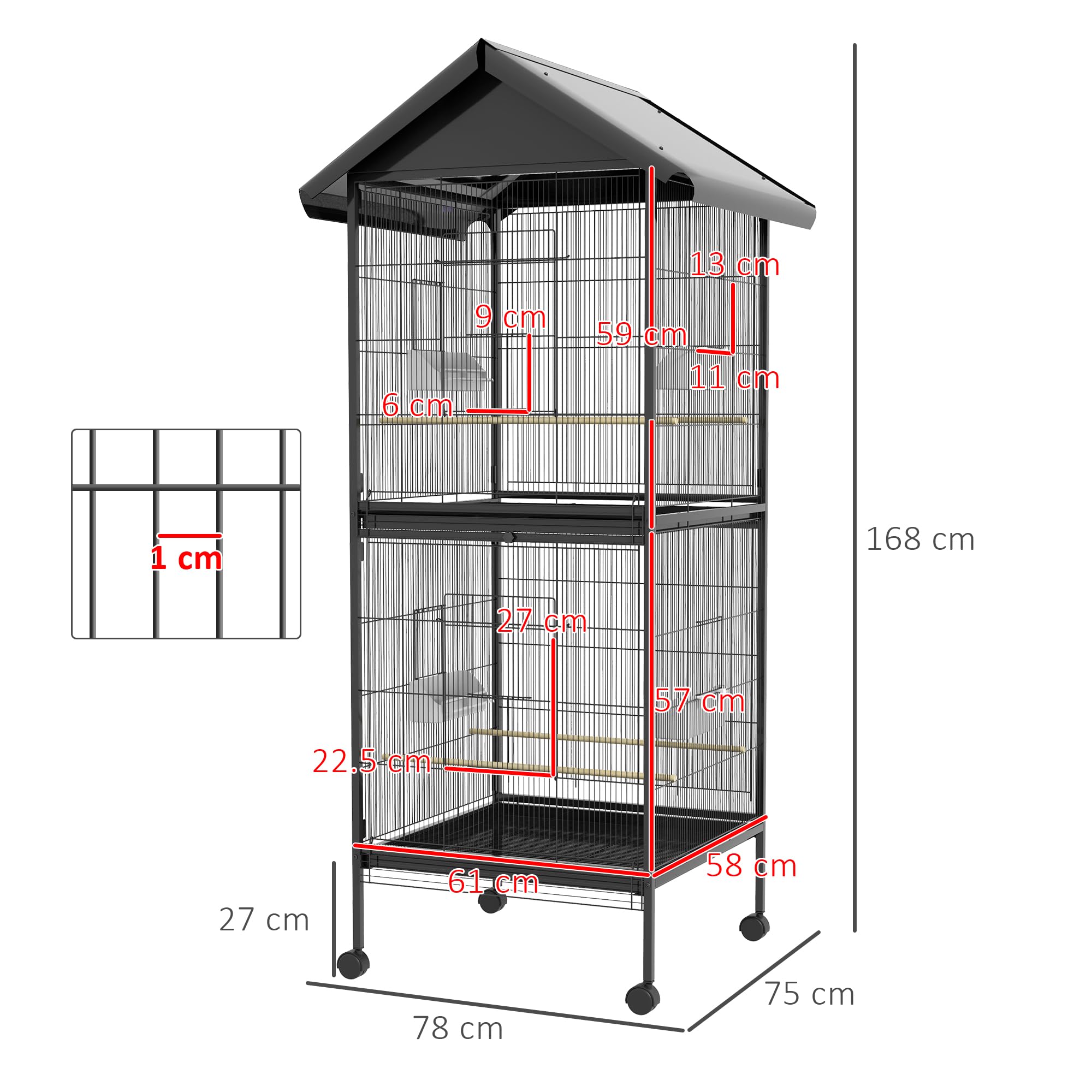 PawHut Voliera per Uccelli a Rotelle con Vassoi Estraibili in Plastica e Posatoi, Gabbia per Canarini in Metallo, 168 cm, Nero