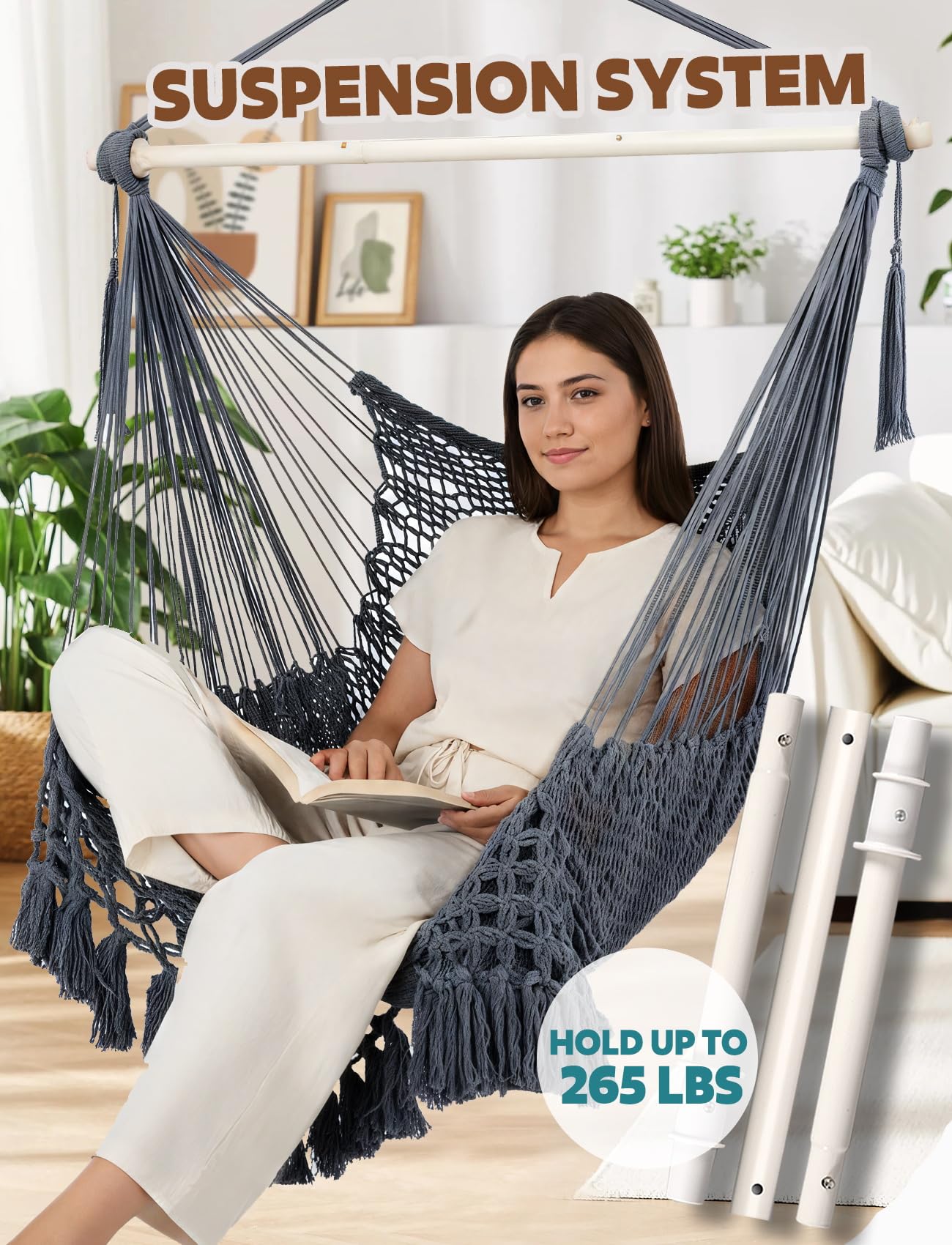 Chihee Hängesessel handgefertigter Hängesessel aus Baumwollseil gewebter Sitz weich gesponnen große Dehnbare Hängematte, zusammenklappbar stabile Metallspreizstange, Elegante Tassel drinnen draußen