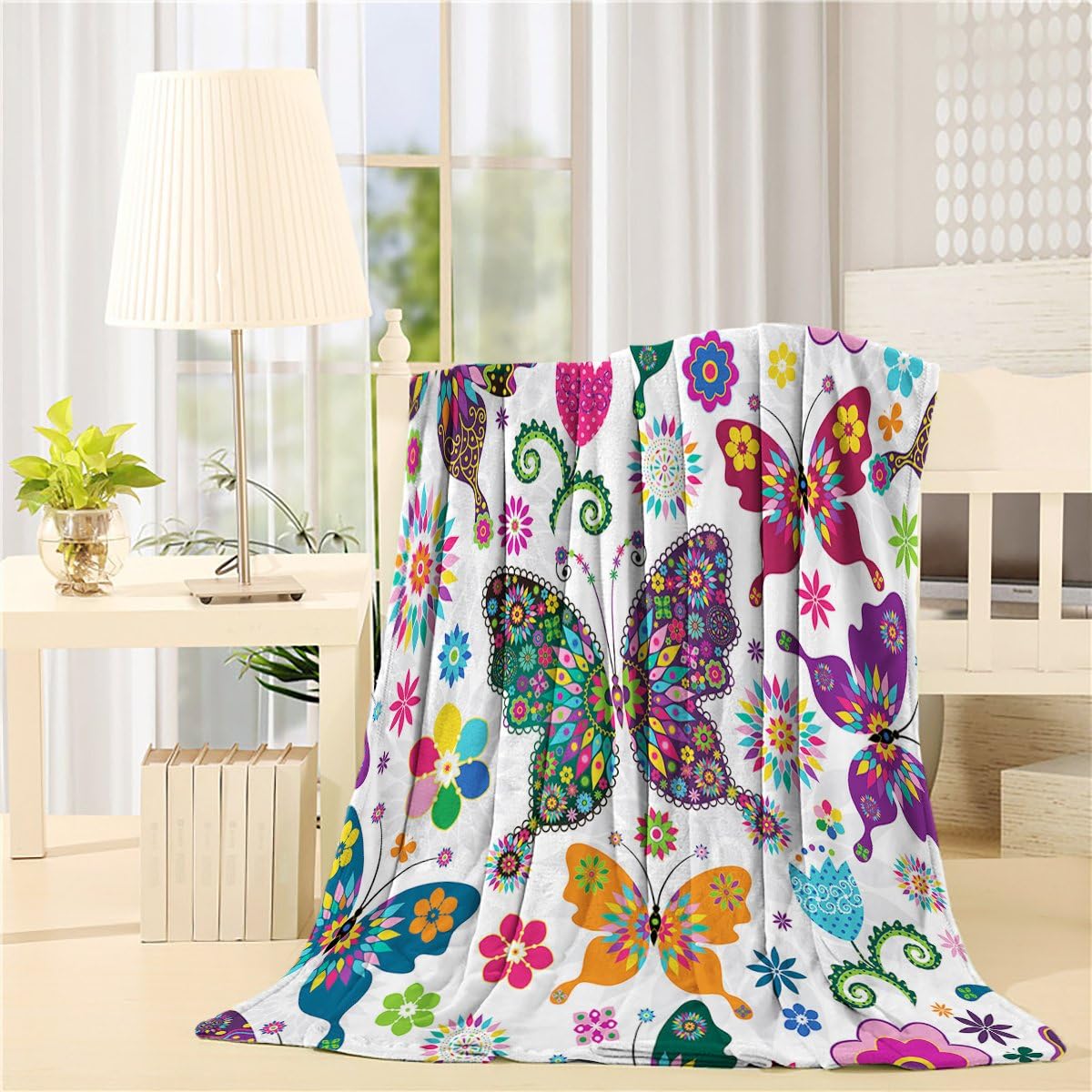 SIGOUYI Lightweight Fleece Blankets Reversible Throw Cozy Plush Microfiber All-Season Blanket for Bed/Couch - Throw 40x50 Inch, Colorful Butterfly Flowers