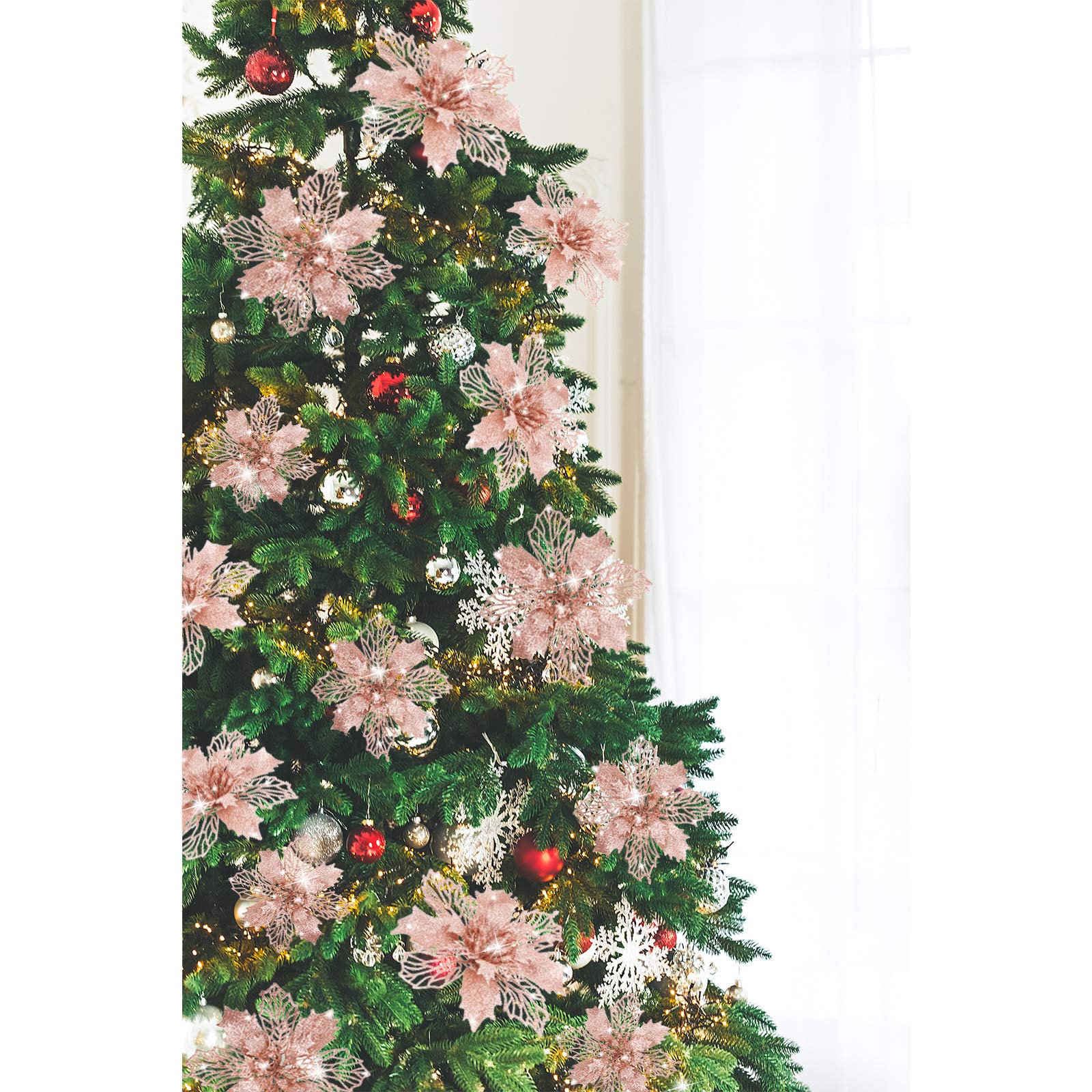 WILLBOND 36 Pezzi Fiori Di Natale Glitter Oro Rosa - Poinsettie Artificiali In 3 Misure Per Albero E Decorazioni