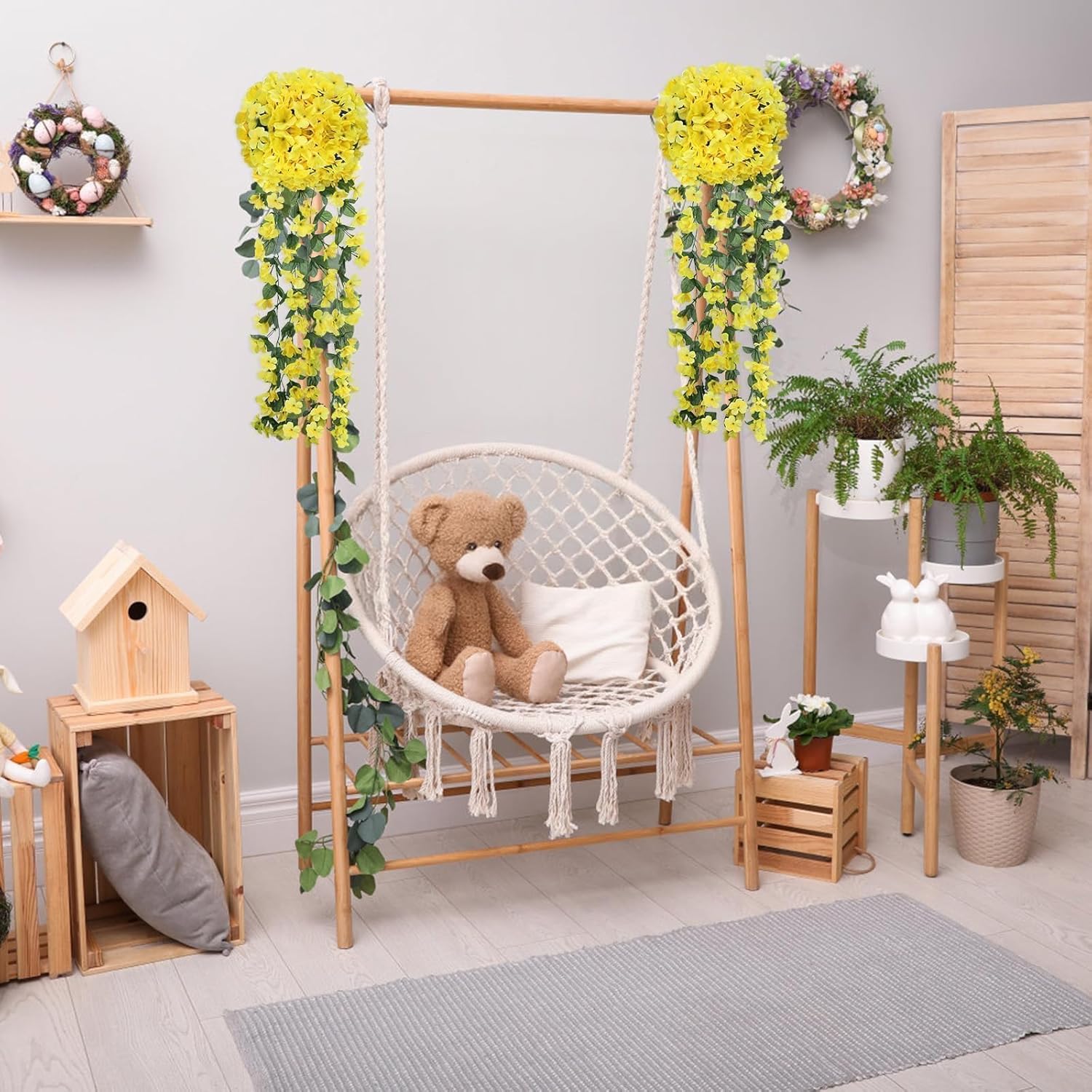 3 PCS Fake Hanging Flowers Yellow Artificial Hanging Flowers for Outdoors with Long Stem Fake Hanging Plants for Outdoor Fall Home Wedding Patio Decor (Yellow) 33 Inch