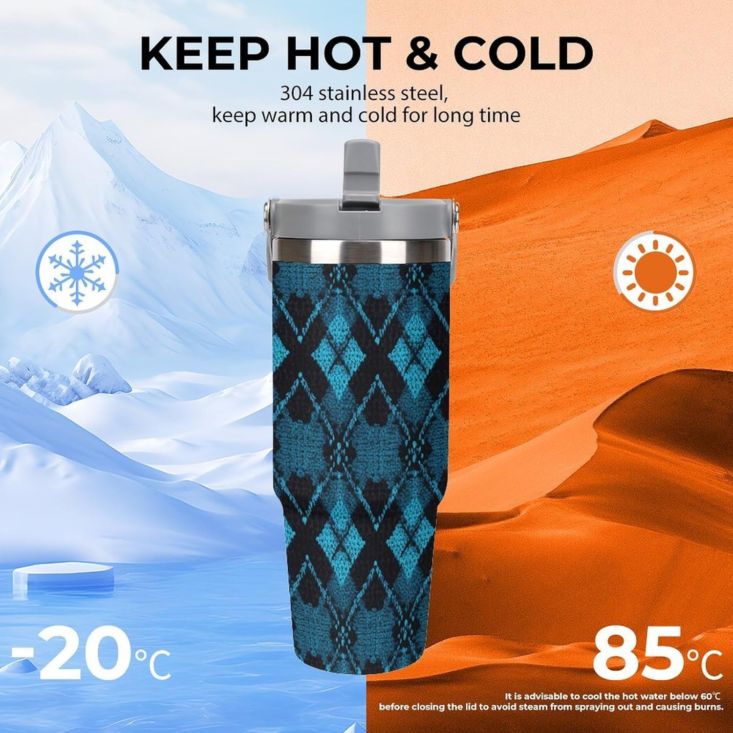 30oz Insulated Tumblers with Top Handle, Stainless Steel Blue Diamond Pattern Car Cup with Straw for Gift, Leak-Proof Double Wall Vacuum Travel Mug, Personalized Water Bottles White