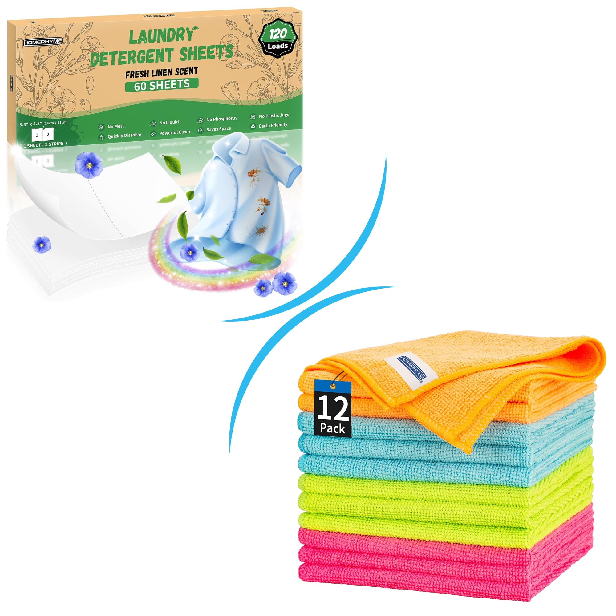 HOMERHYME Microfiber Cleaning Cloth - 12 Pack Cleaning Towels, with Laundry Detergent Sheets - Fresh Linen Scent 120 Loads (60 Sheets), Plastic Free, Laundry Detergent Strips