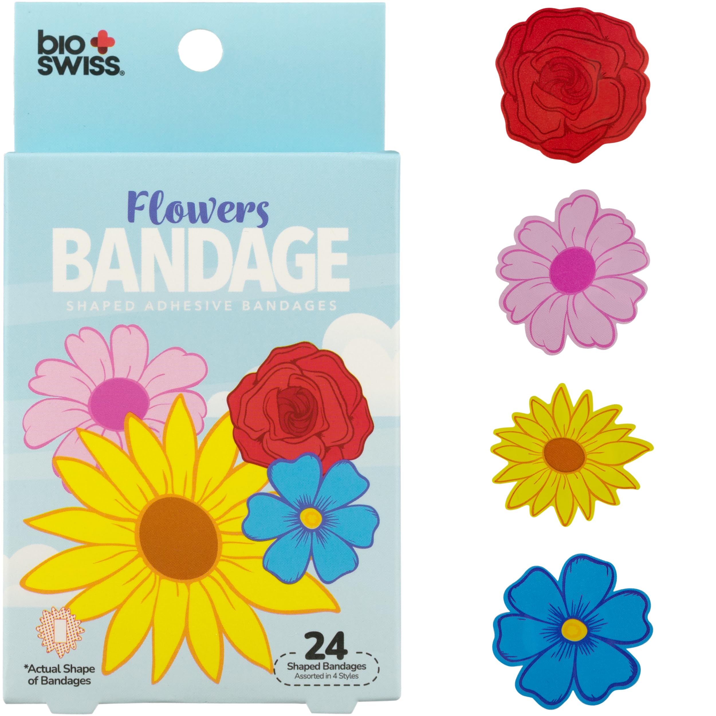 BioSwiss Bandages, Flowers Shaped Self Adhesive Bandage Set, Latex Free, Sterile Wound Care, 24 Count