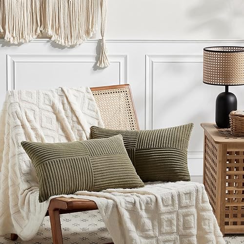 Miniatura 7 de Fancy Homi - 2 fundas decorativas para cojín lumbar y rectangular de pana suave y texturizada a rayas, decoración bohemia de casa de campo para