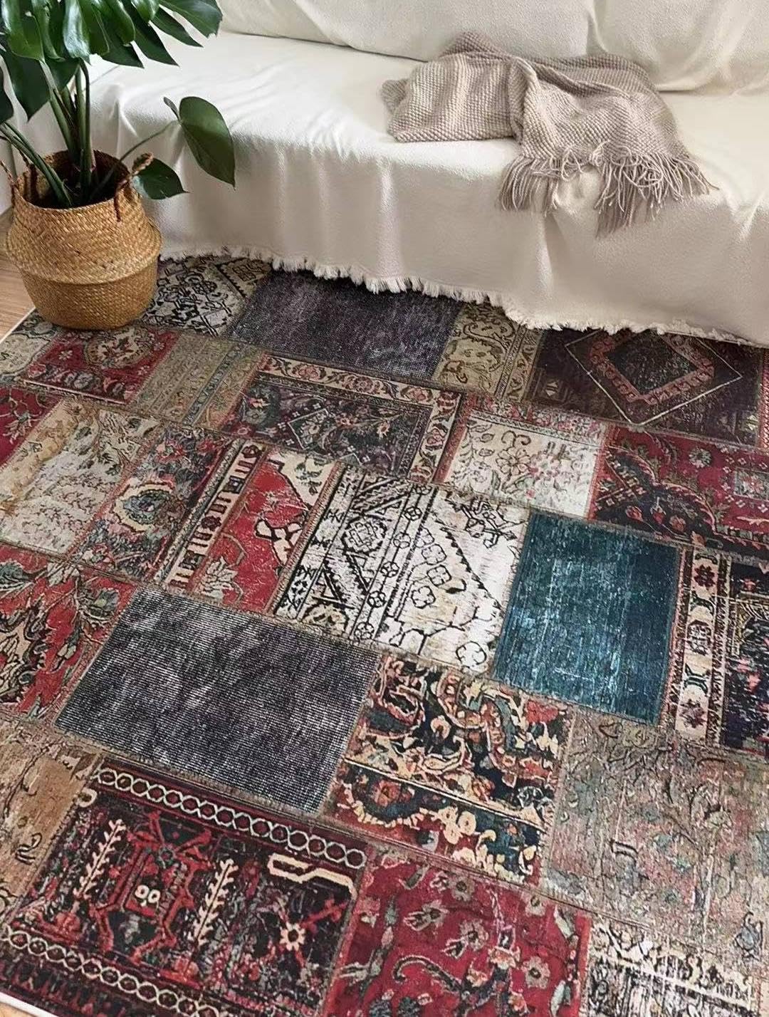 Teppich für Wohnzimmer, 120 x 160 cm, rutschfest, superweich, niedriger Flor, maschinenwaschbar, Küche, Heimdekoration, Büro, Teppich, Retro, Ethno-Stil, Patchwork, Mehrfarbig, Rot