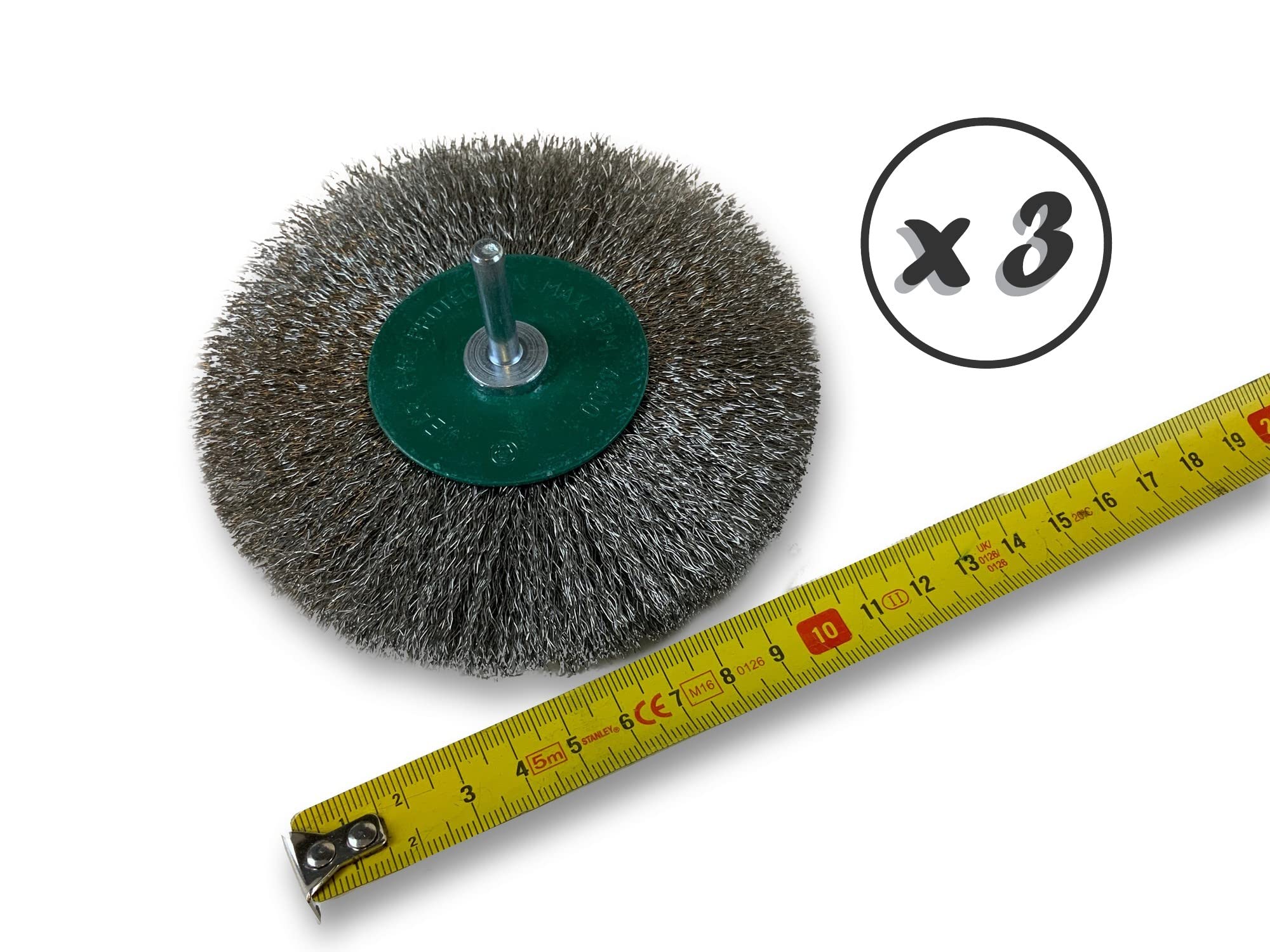 Metalowa okrągła szczotka obrotowa Ø 125 mm | Zestaw 3 | Na drążku Ø 6 mm | Miękkie nitki ze stali nierdzewnej Ø 0,20 mm | Do wiertarki lub wkrętarki do uchwytu wiertarskiego | usuwanie zadziorów szczotkowania | Kibros 26125IV8x3