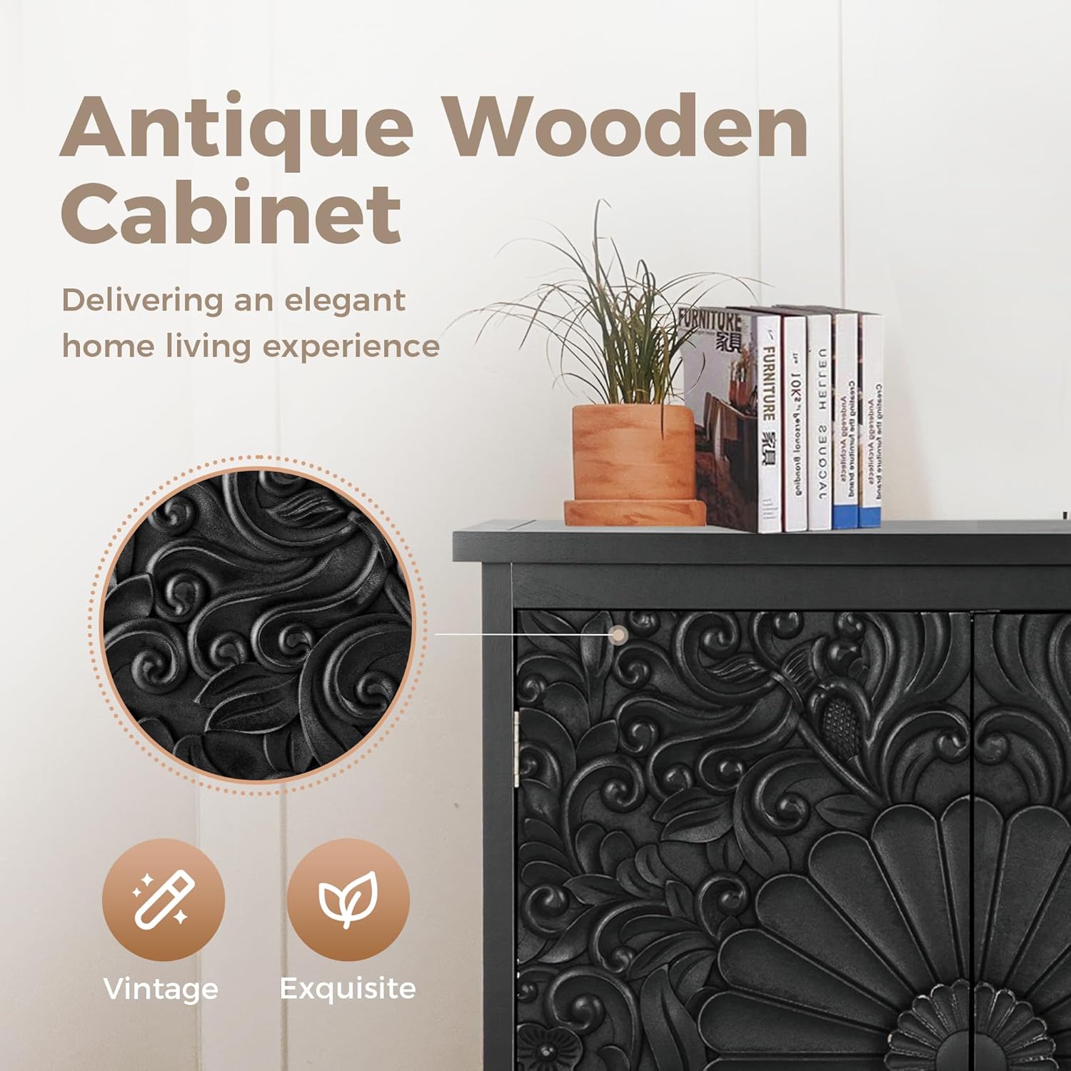 MAISON ARTS Black Floral Carved Accent Cabinet - Modern & Traditional Engineered Wood Storage Cabinet, Holds Up to 245lbs, Elegant Furniture for Living Room or Entryway