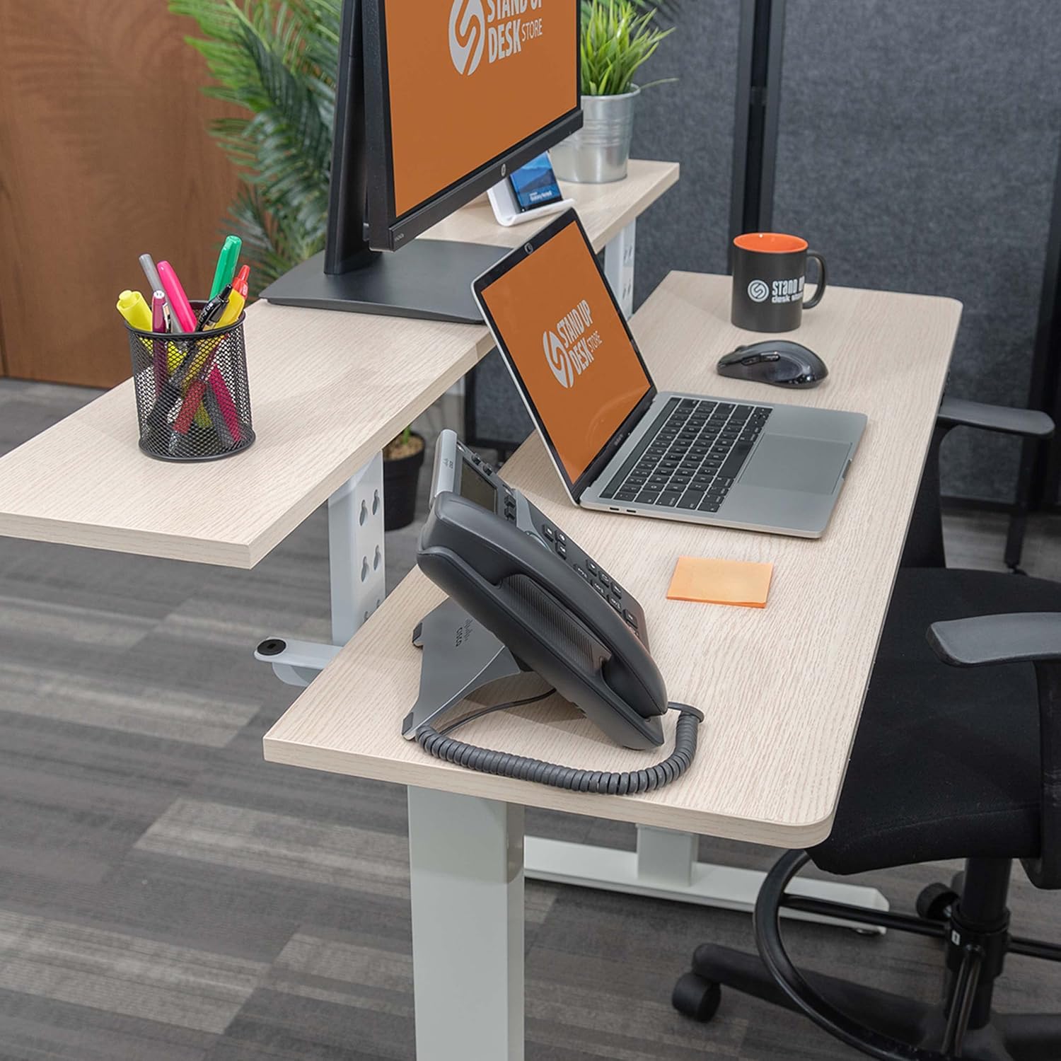 Stand Up Desk Store Programmable Electric Two-Tier Compact Standing Desk (White Frame/Birch Desktop, 48” Wide)