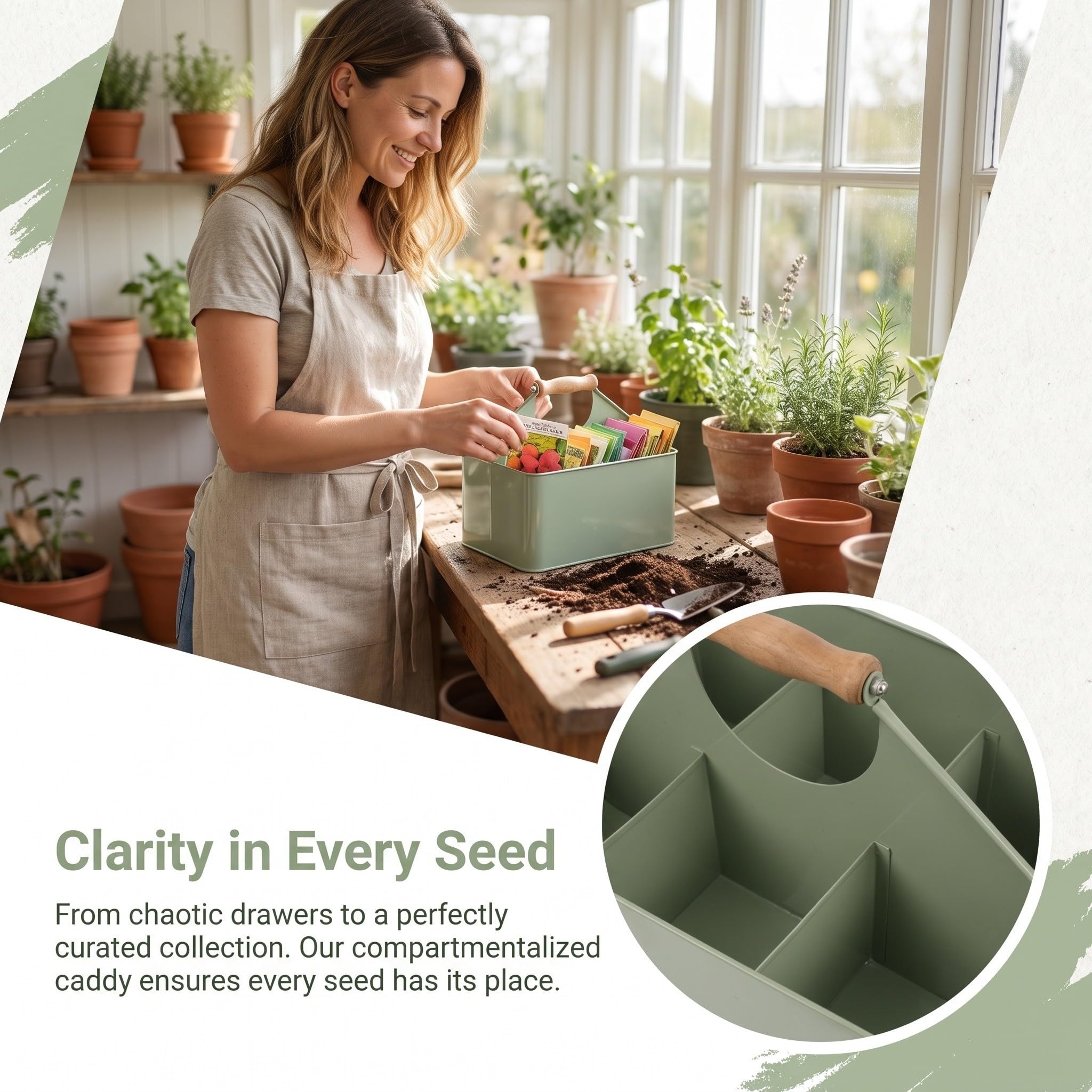 TOYANDONA Caja de Almacenamiento para Semillas de Jardinería de Hierro con 4 Compartimentos y Asa, Fácil de Limpiar, Adecuado para Balcones y Alféizares, Color Verde, Tamaño 29.5x22.6x20 Cm