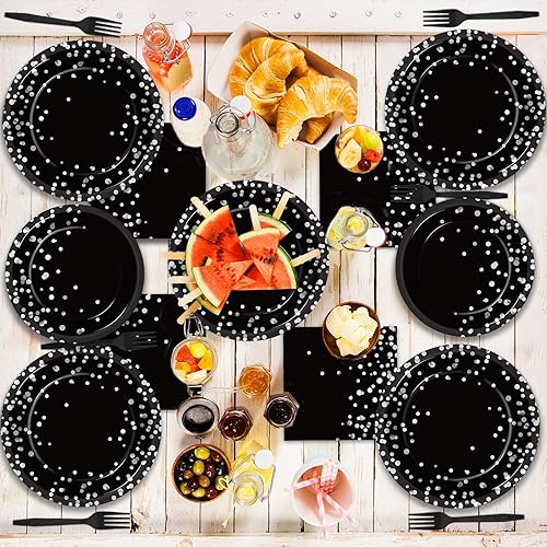 Miniatura 5 de gisgfim 96 piezas de suministros de fiesta de color negro y plateado, platos de papel, servilletas con lunares plateados en negro para fiesta de