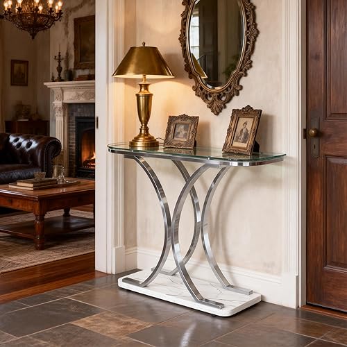 Miniatura 7 de Mesas consola de vidrio plateado para entrada de O&K FURNITURE, mesa de entrada de vidrio con marcos curvos y base de mármol, mesa moderna de