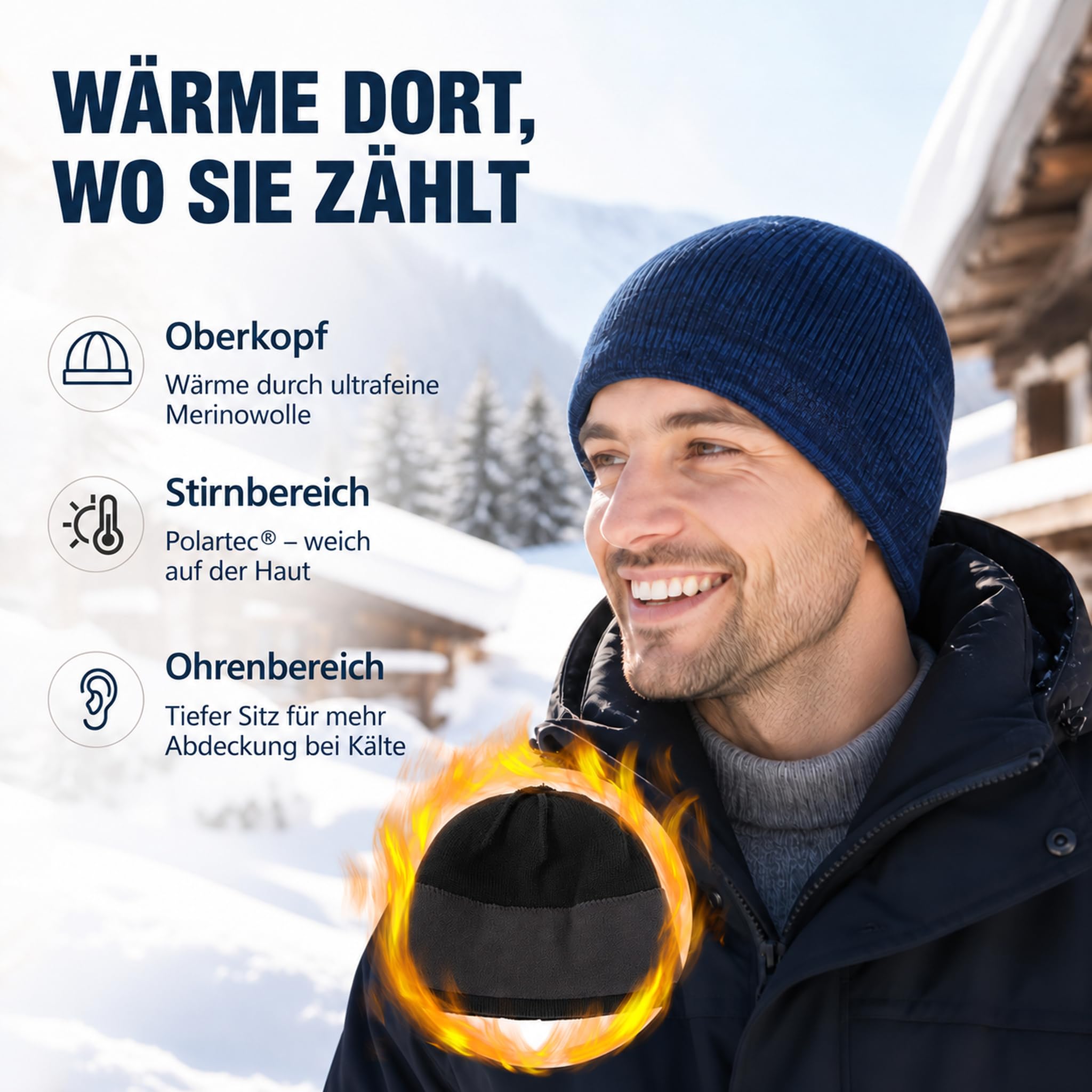 TOP-EX 100% Merinowolle Beanie mit Polartec-Fleece, große Größen