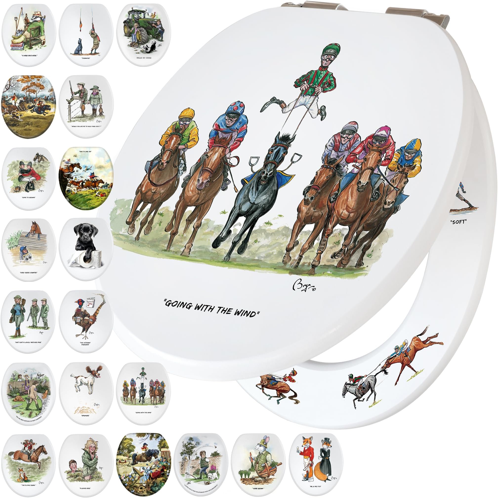 Fun Novelty Toilet Seat Soft Close, Easy Fit, Printed On 3 Surfaces with Bryn Parry Equestrian Horse Racing Art. Fantastic New Home Gift for Farmhouse, Country Lifestyle & Horse Riding Enthusiasts