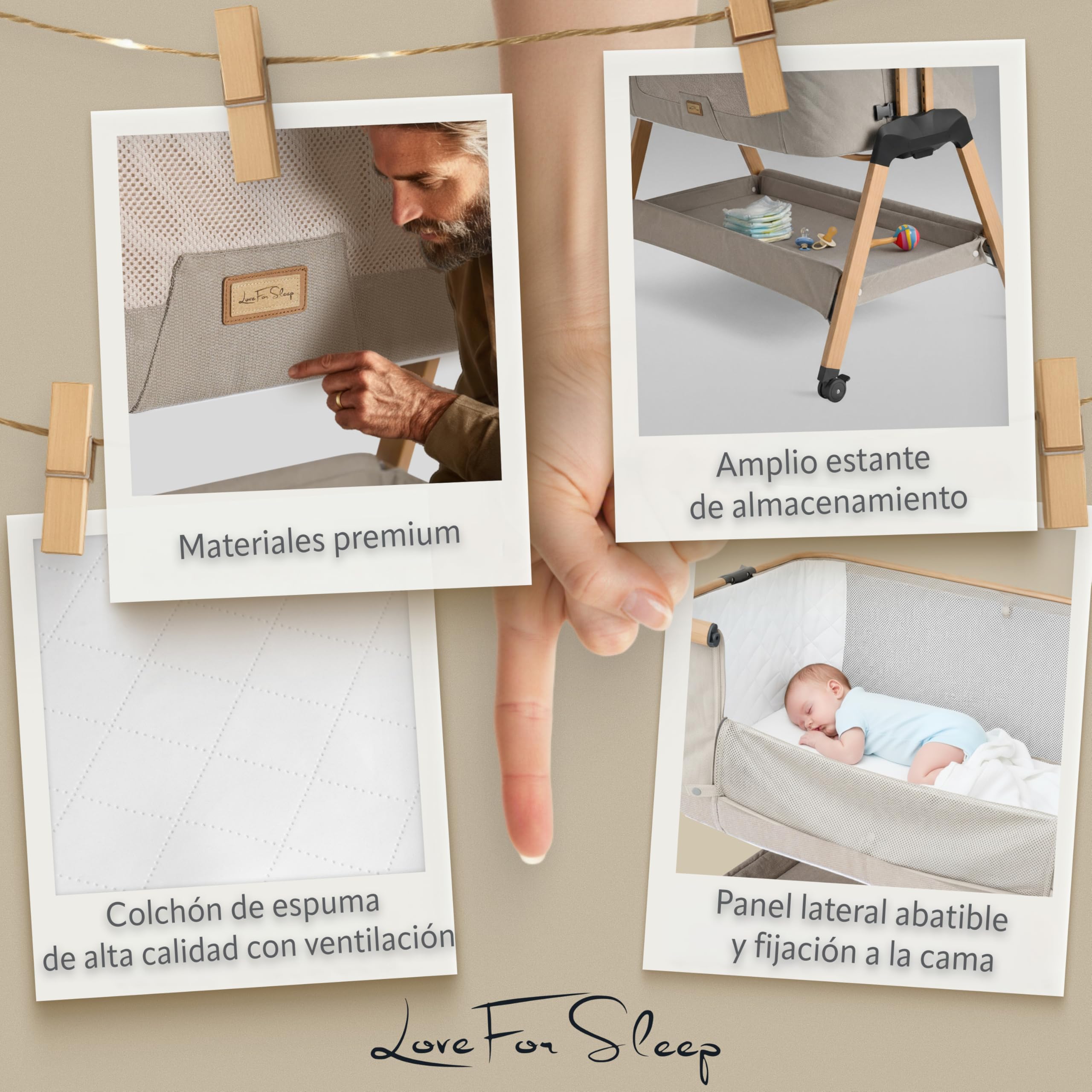 Love For Sleep SnooBee Next To Me Cuna Colecho & Cuna Independiente – 6 Niveles de Altura, Ruedas, colchón, Laterales de Malla Transpirable con mosquitera, Plegable con Bolsa (0–6 Meses) – Caqui/Pino