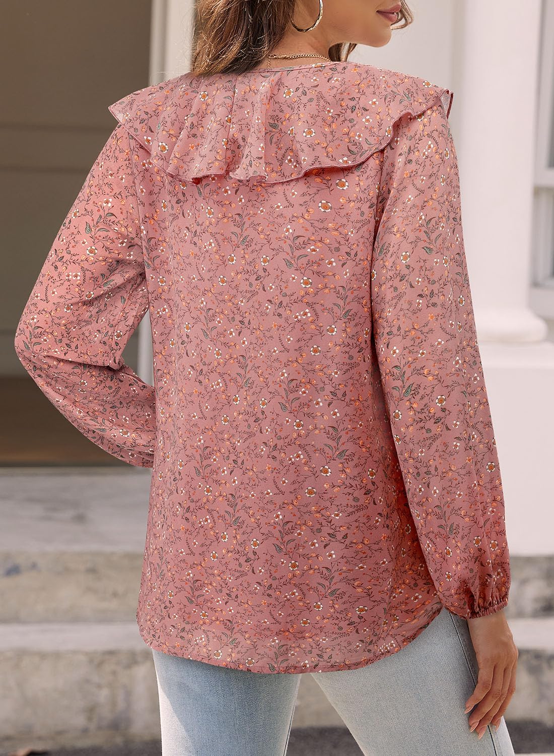 Bulotus Women Blouses Dressy Casual Chiffon V Neck Shirt Double Layered Floral Ruffle Tops Beach Vacation Summer Trendy - Image 5