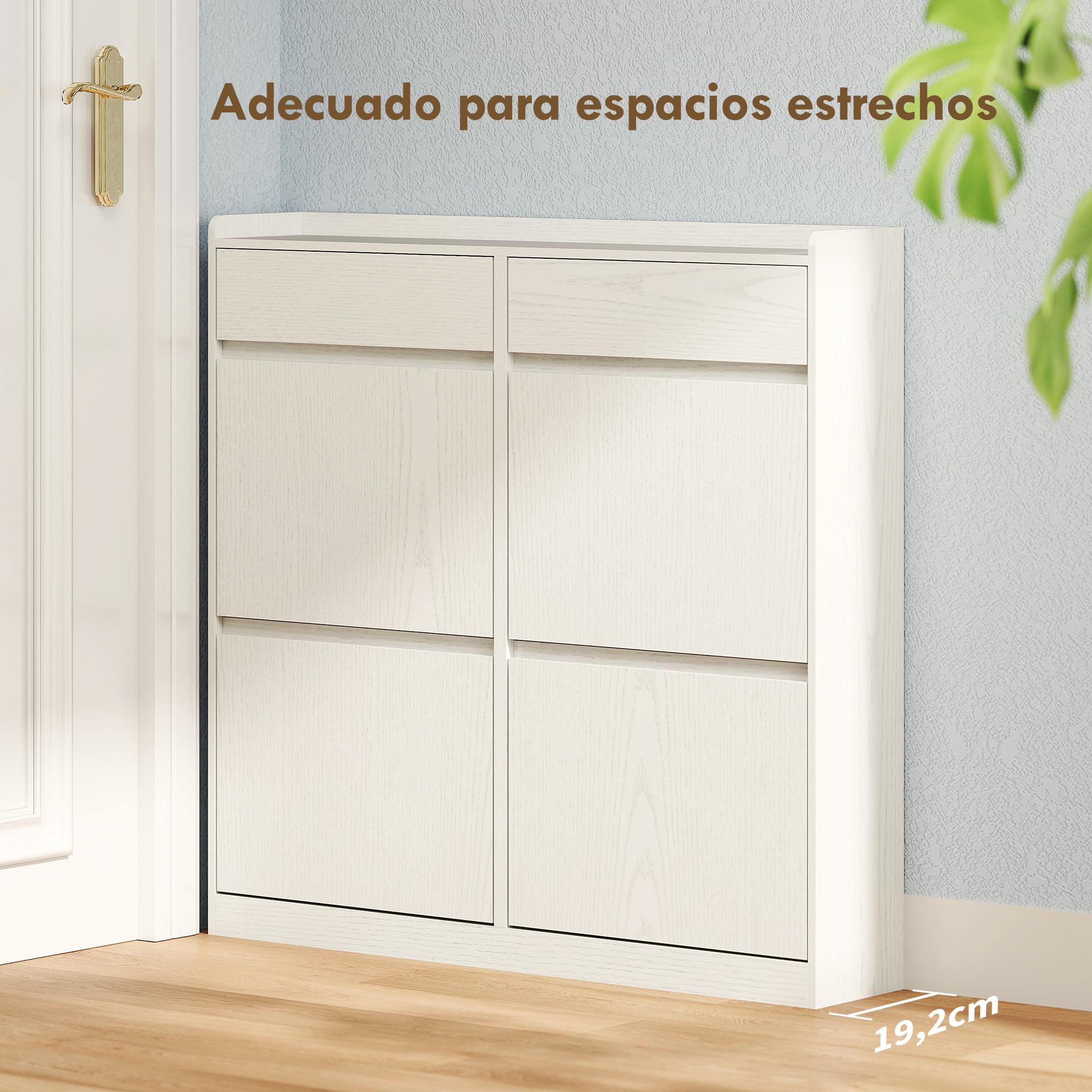 HOMCOM Zapatero Estrecho con 4 Puertas Abatibles Zapatero Entrada Recibidor con 2 Cajones para 8 Pares de Zapatos para Pasillo Espacios Reducidos 98x19,2x95,3 cm Blanco