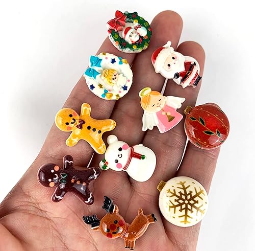 Miniatura 3 de Heyiwell 20 unidades/10 estilos de resina con parte trasera plana de Navidad, oso de Papá Noel, muñeco de nieve, cascabel, adorno de calcetín para