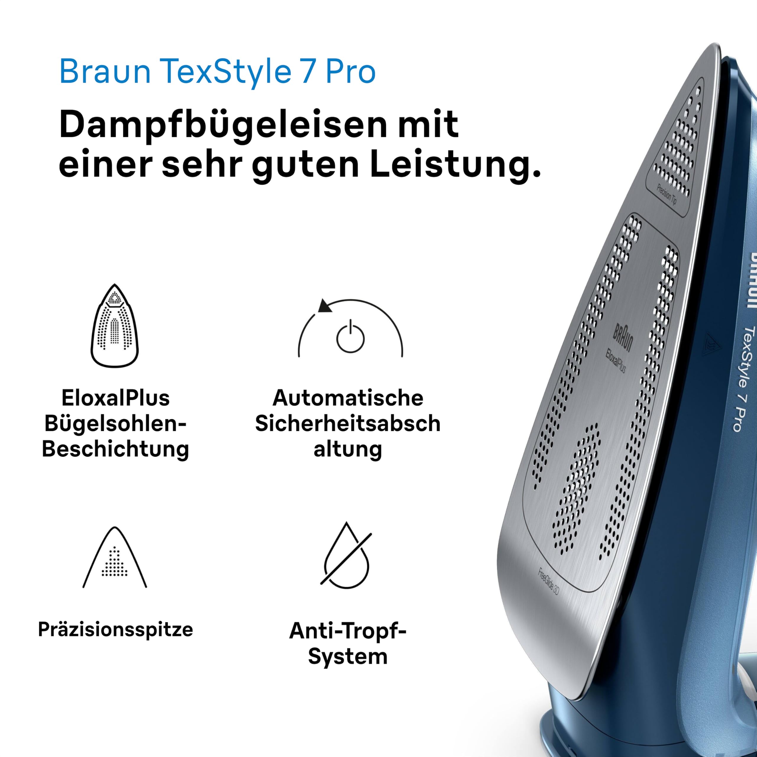 Braun TexStyle 7 Pro Dampfbügeleisen SI 7160 BL - Bügeleisen mit Freeglide 3D Bügelsohle, Vertikaldampf, 3000 Watt, Blau