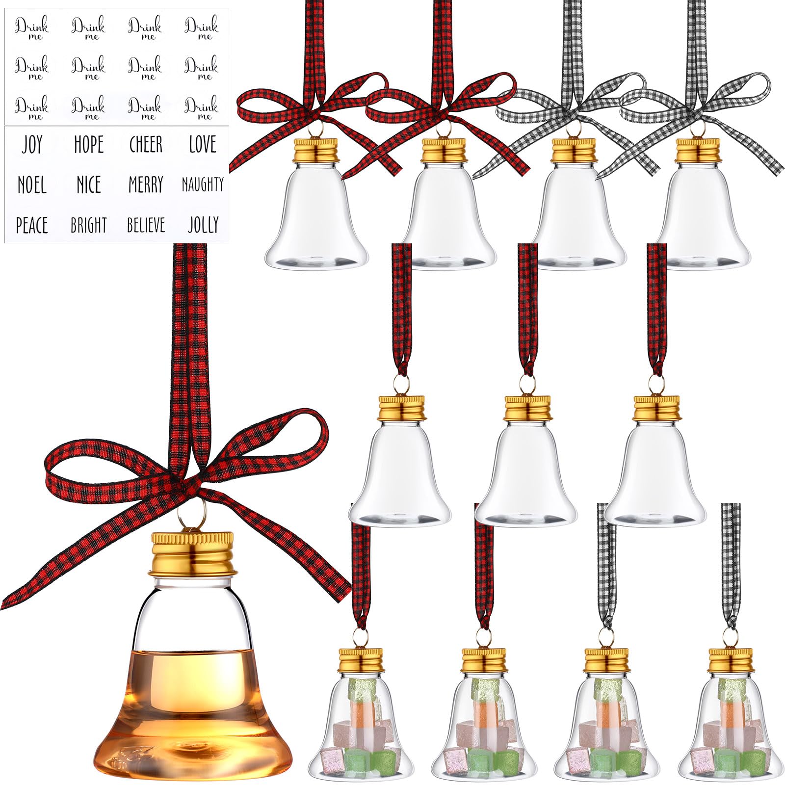 12 Pcs Christmas Booze Balls Christmas Fillable Booze Tree Ornaments with Buffalo Plaid Ribbon Stickers Clear Plastic Xmas Booze Pendant Ball for Xmas Party (Bell Shape, 50ml)