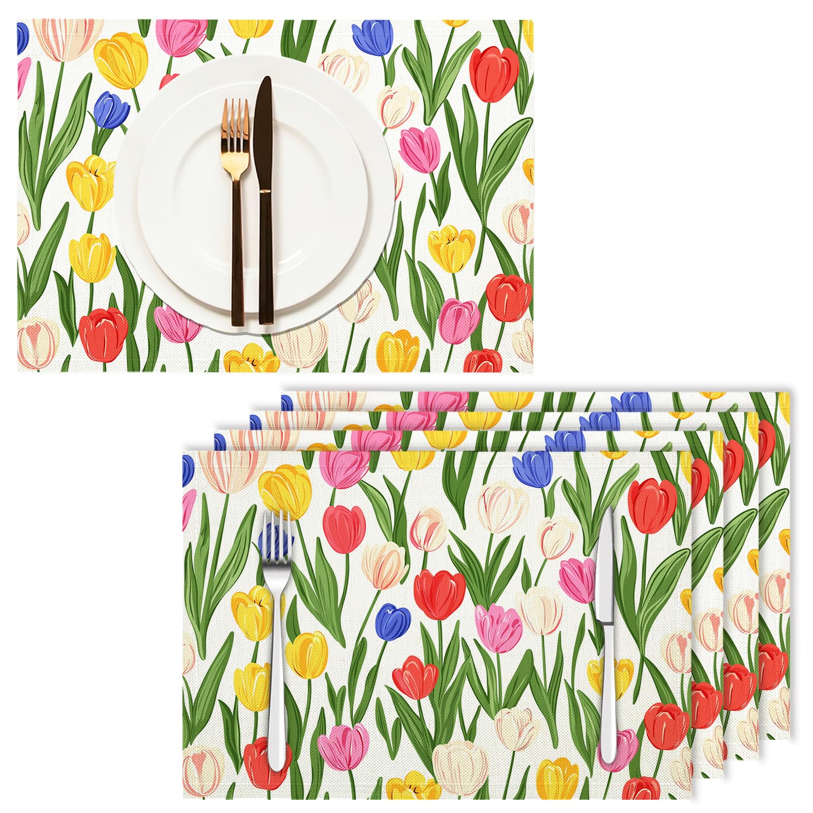 Set di 8 Tovagliette Americane Lavabili Cotone Lino Fumetto - Tovaglietta Americana Resistenti al Calore Durevole Tulipano - per Colazione Pranzo 30×45 cm