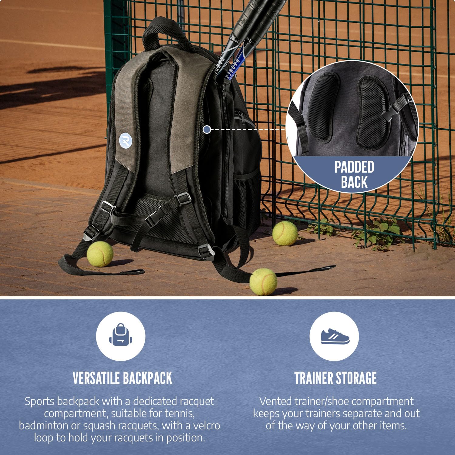 Raquex Sportrucksack für Tennisschläger oder 2 Squashschläger Badmintonschläger Schlägerrucksack + Schuhe + Laptop + Trinkflasche