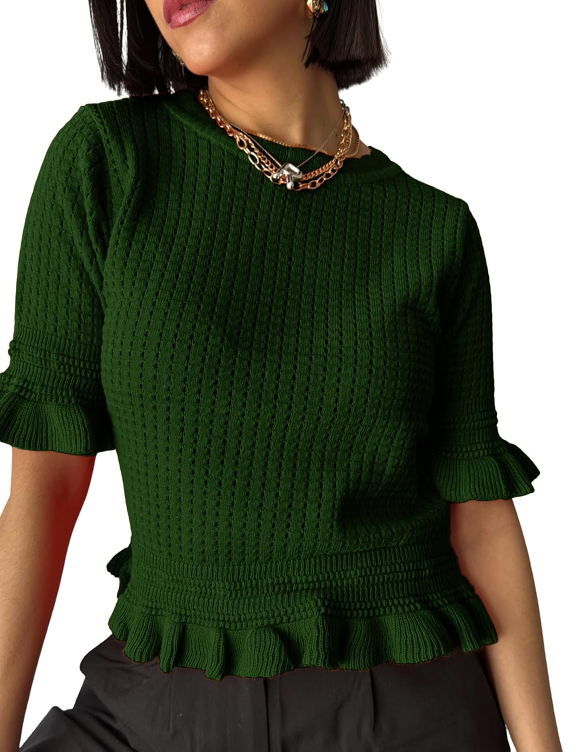 Yeokou Womens Short Sleeve Sweater Round Neck Ruffle Trimmed Hollow Out Pullover Summer Fall Casual Top Blouse