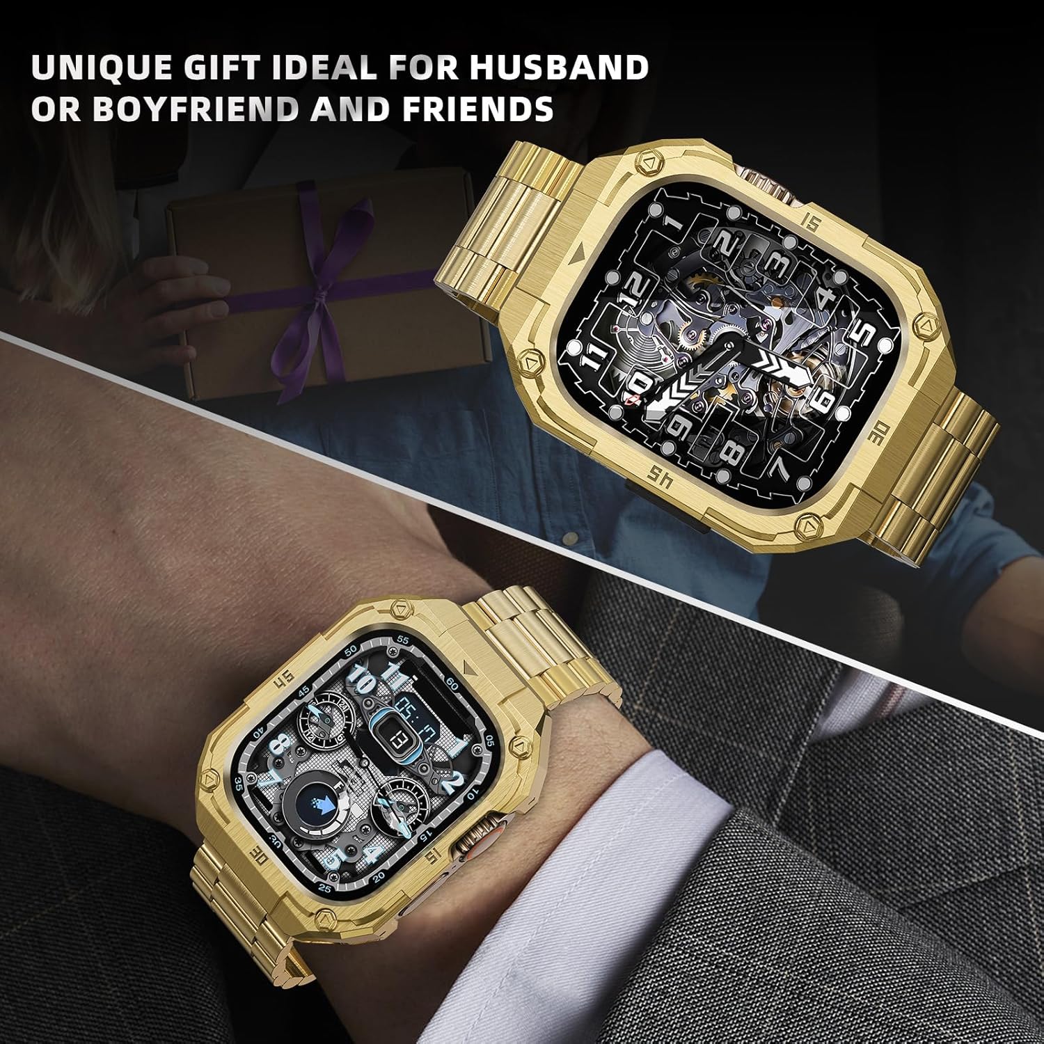 Casual Stainless Steel Case with Band Compatiable for 49mm Apple Watch Ultra Bands for Men,Metal Apple Watch Bumper Case Cover with Strap for iWatch Band Ultra 3/2/1,Gold