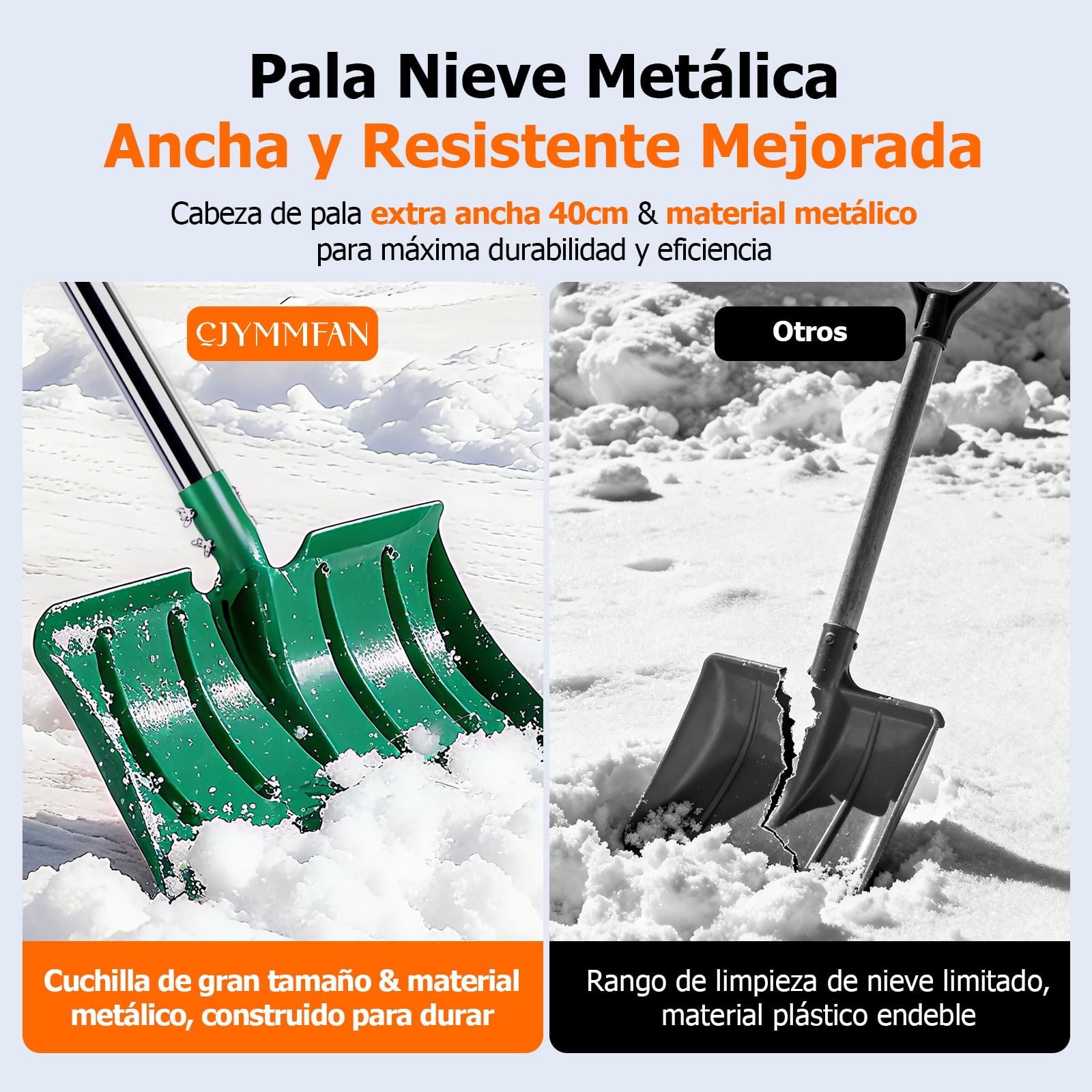 Palas de nieve con mango largo de 163 cm, pala de metal de alta resistencia con pala ancha de 41 cm, mango largo ergonómico y espuma antiescarcha para quitar la nieve de entrada, coche, mantillo