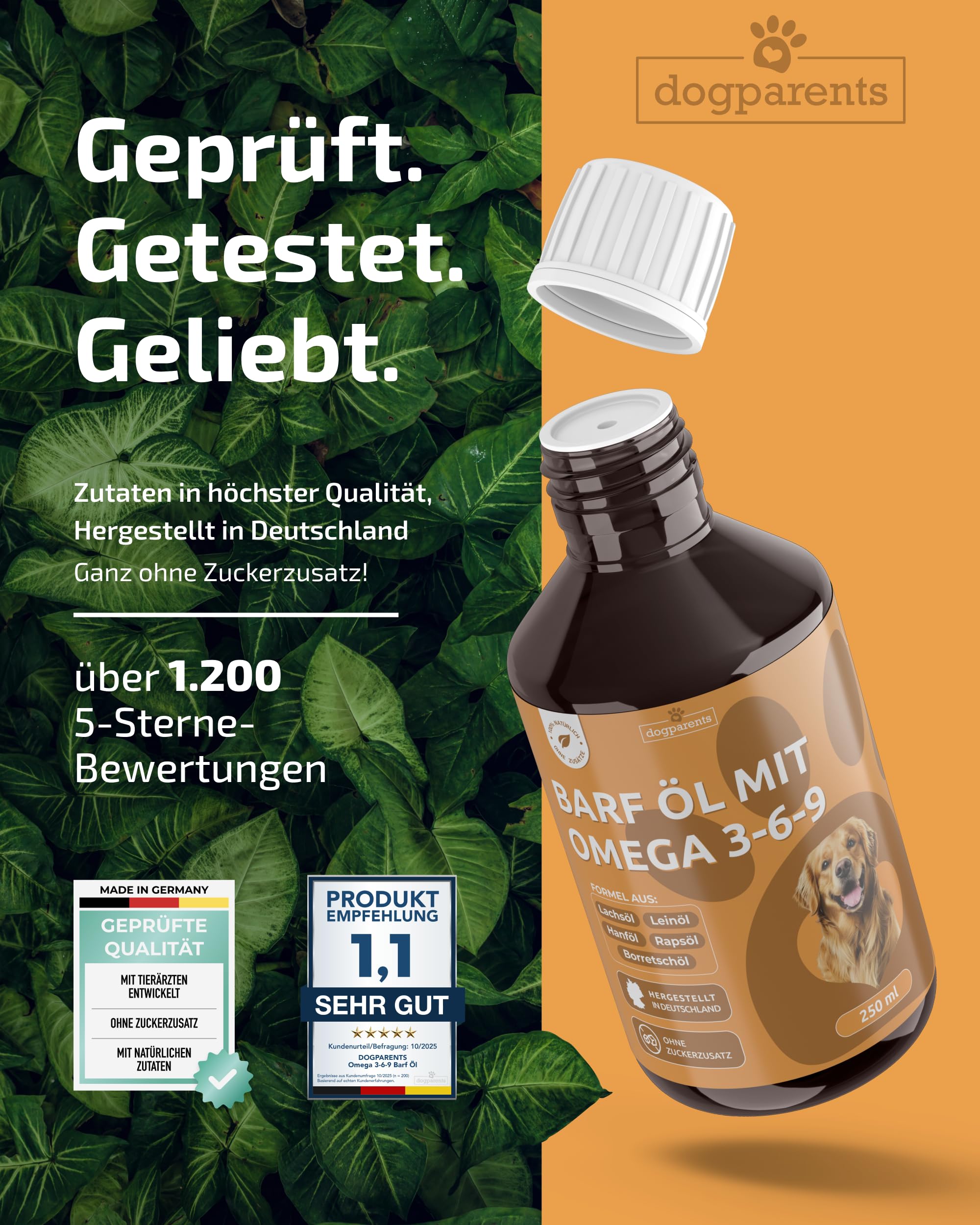 Huile 5 en 1 pour chien - Fabriqué en Allemagne - 100 % naturelle et testée en laboratoire - Complexe Omega 3-6-9 avec huile de saumon de qualité supérieure, huile de lin, huile de colza et huile de