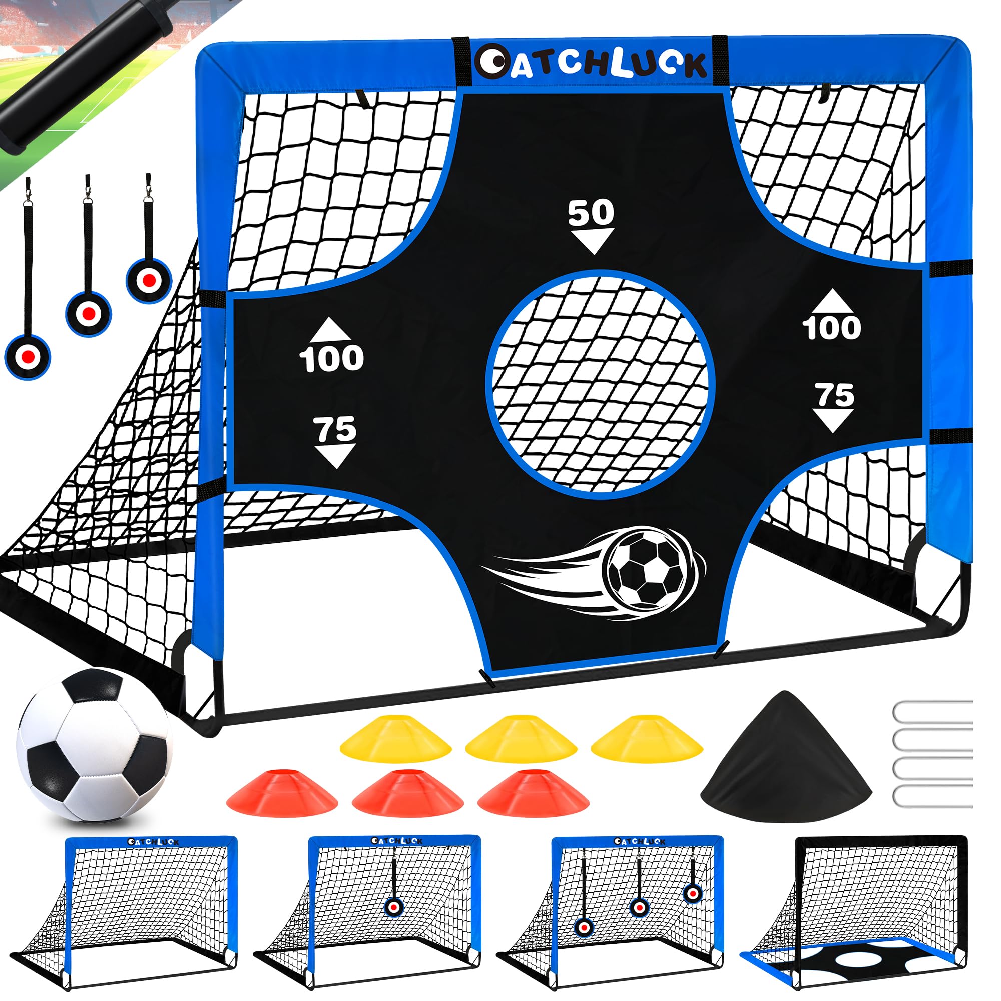 Porta da calcio da giardino, cancello da calcio per giardino, bambini, cancello pop-up con aree bersaglio, tre obiettivi, calcio, 6 ostacoli e borsa per il trasporto, blu
