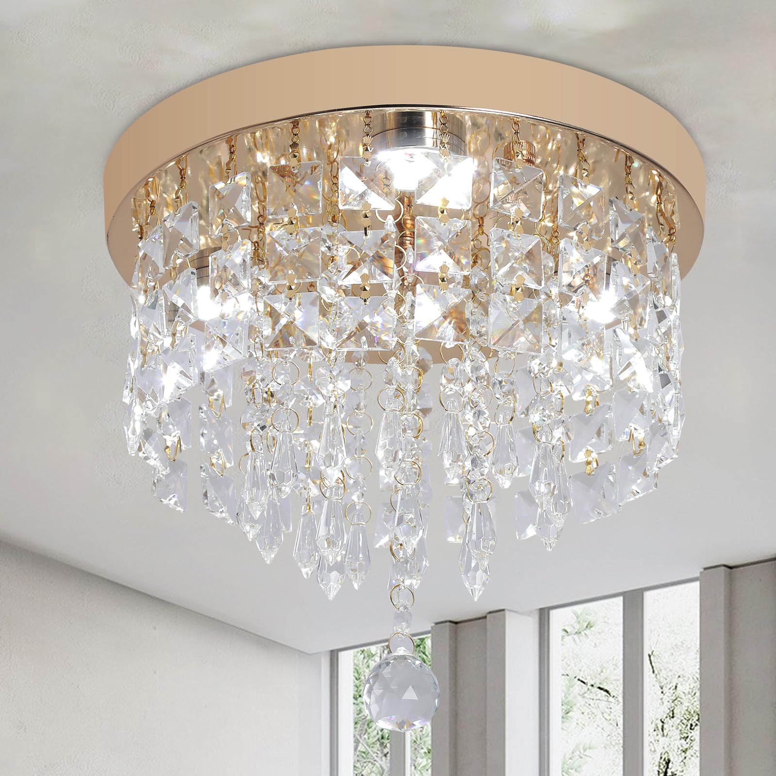Deckrico Lámpara de Techo LED Dorada con Cristales, Luz Blanca, Moderna para Recámara, Baño, Clóset o Pasillo