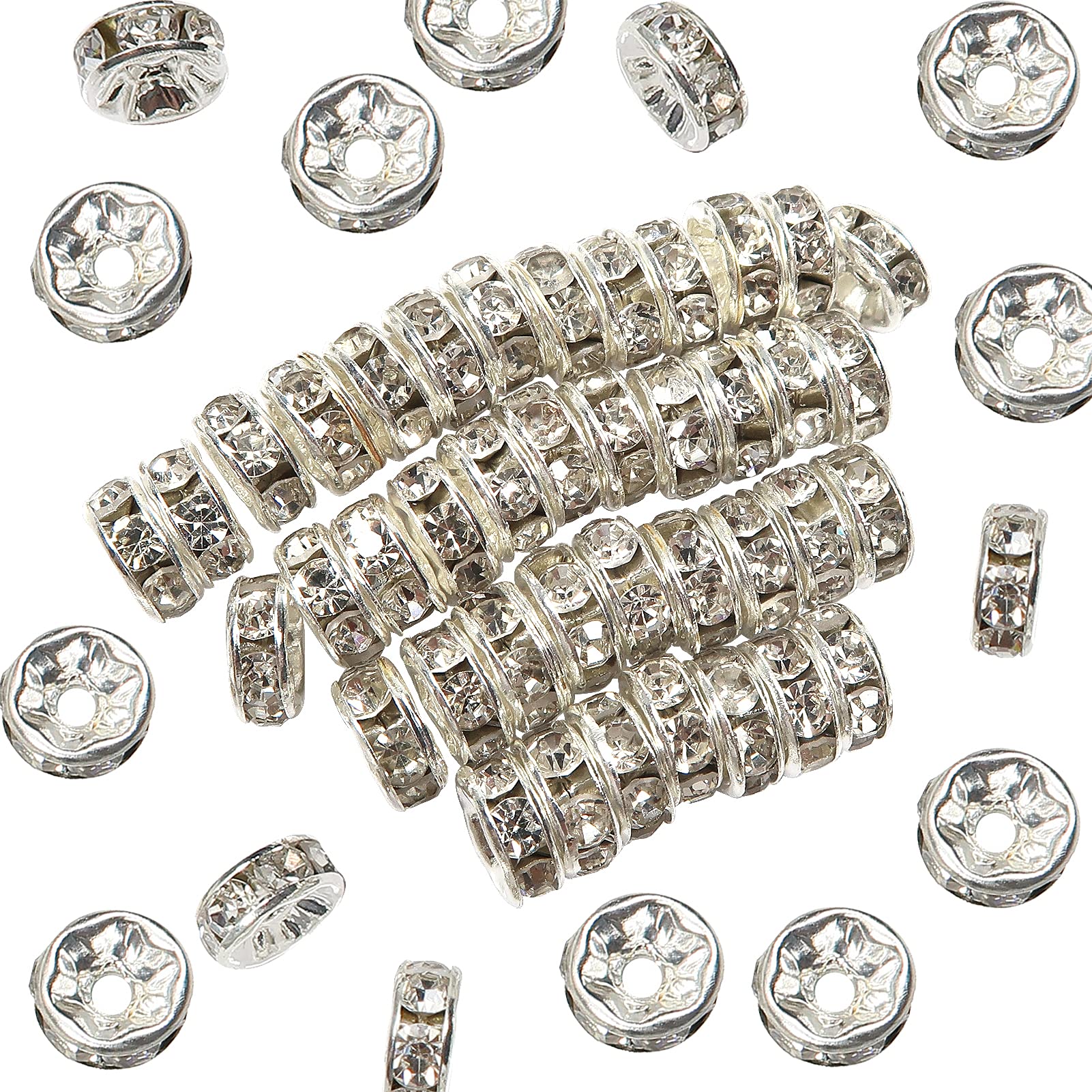 TOAOB 400pcs Silver Tone Round Rhinestones Spacer Beads Rondelle Bead Charms 8mm in Size for Jewelry Making