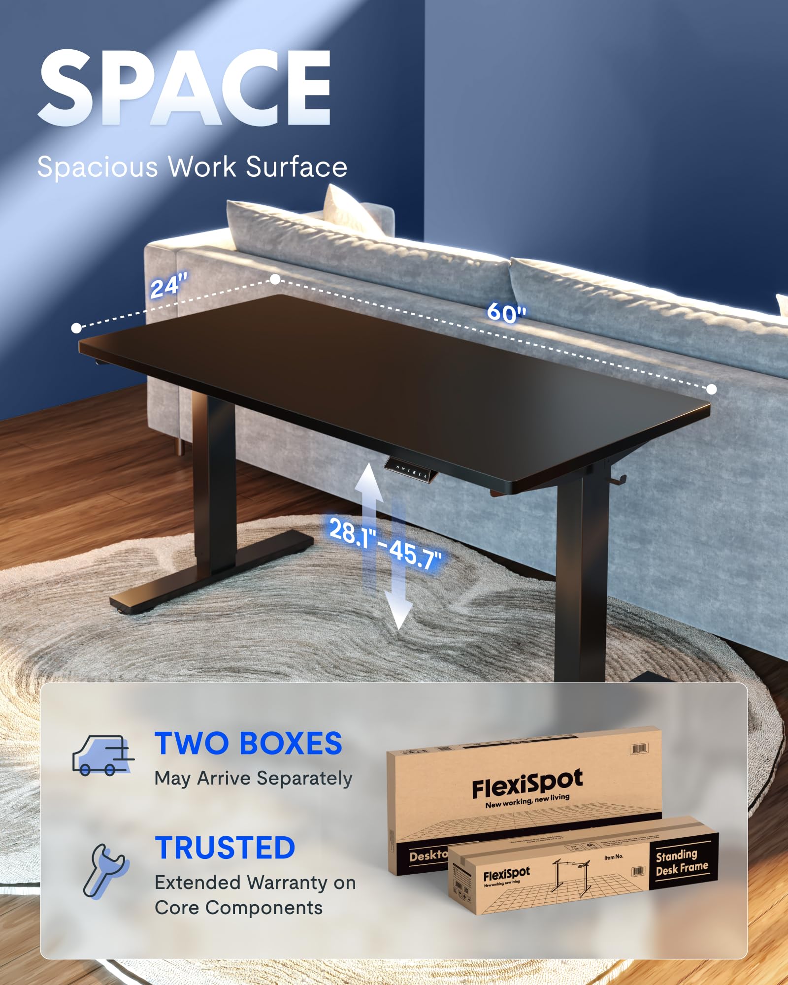 FLEXISPOT EN1 One-Piece Standing Desk, Electric Adjustable with 4 Memory Presets, 176 LBS Capacity, Stable & Quiet, Seamless Desktop for Home Office & Dual Monitors, 60"x24" Black view 5