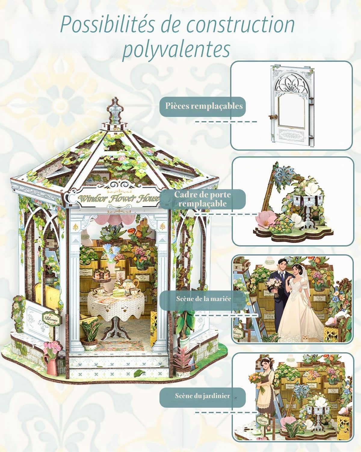 CUTEBEE Book Nook Puzzle 3D Rétro Européen - Kit à Assembler Maison de Poupée Jardin d'hiver, Décoration de Bibliothèque & Cadeau pour Adultes et Adolescents (Windsor Flower House)