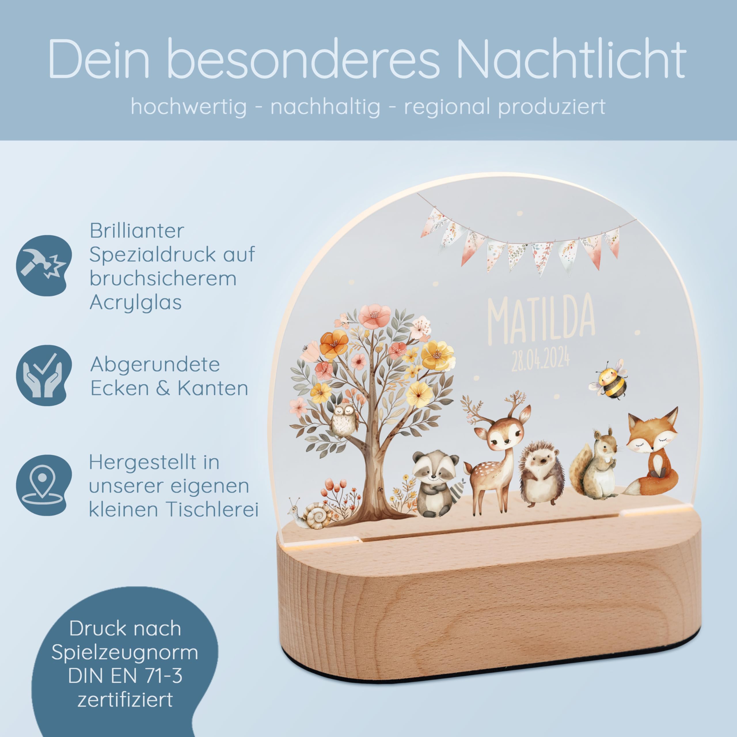 Bärenfreunde® - Personalisiertes Nachtlicht für Babys - Individuelle Nachttischlampe für Kinder - Personalisierte Geschenke Kinder - Babygeschenk - Geschenk zur Geburt (Blumenbaum Tiere)