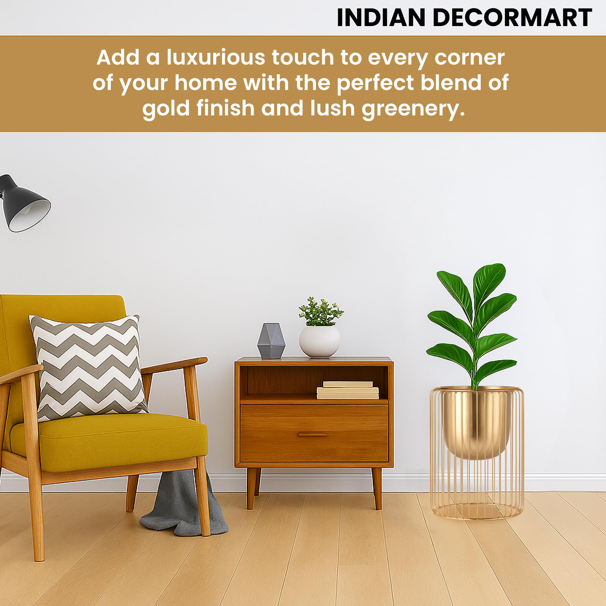 INDIAN DECORMART Modern Gold Metal Planter with Cylindrical Wire Cage Stand | Stylish Indoor Decorative Flower Pot for Home and Office Decor | Decorative Item for Living Room 4