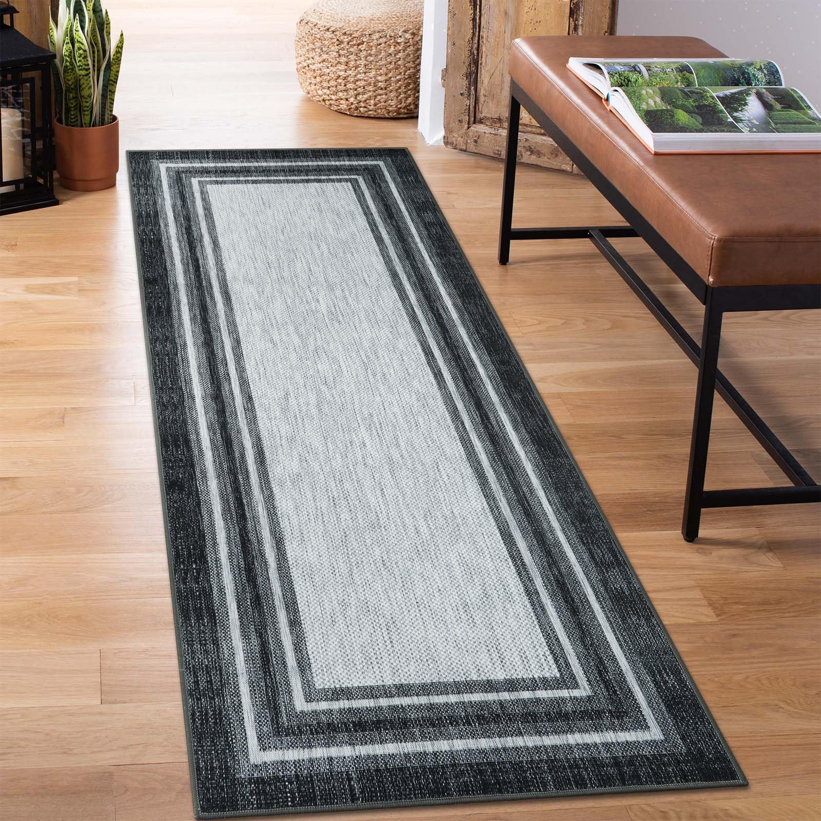 Bordered Kitchen Runner Rugs Washable, 2x6 Black Carpet Runners Rugs for Hallways, Modern Non Slip Bedside Laundry Room Rugs Foldable Hallway Runner Rug for Bedroom Bathroom