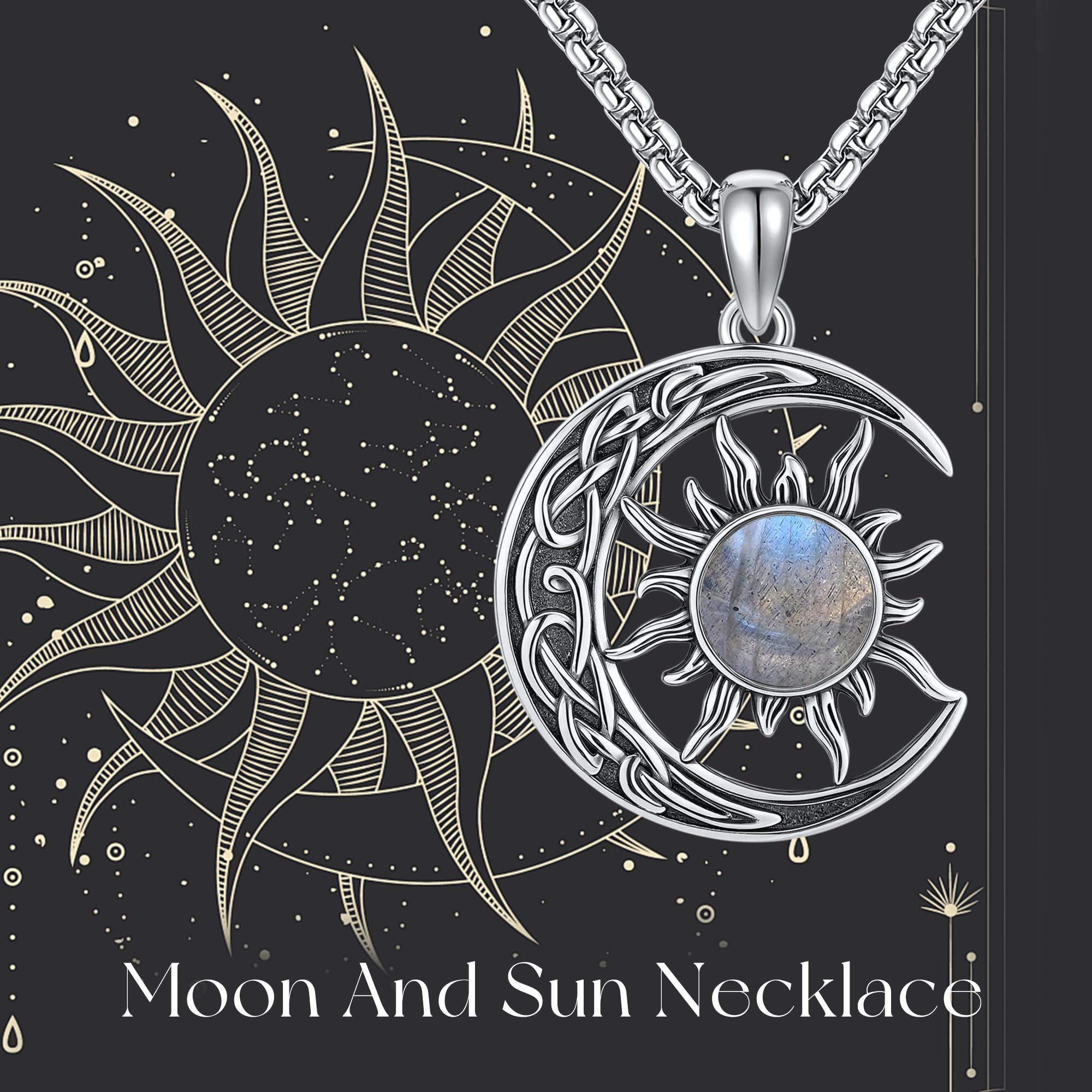 Sonne und Mond Halskette 925 Sterling Silber Labradorit Keltischer Planet Anhänger Halskette Schmuck für Damen