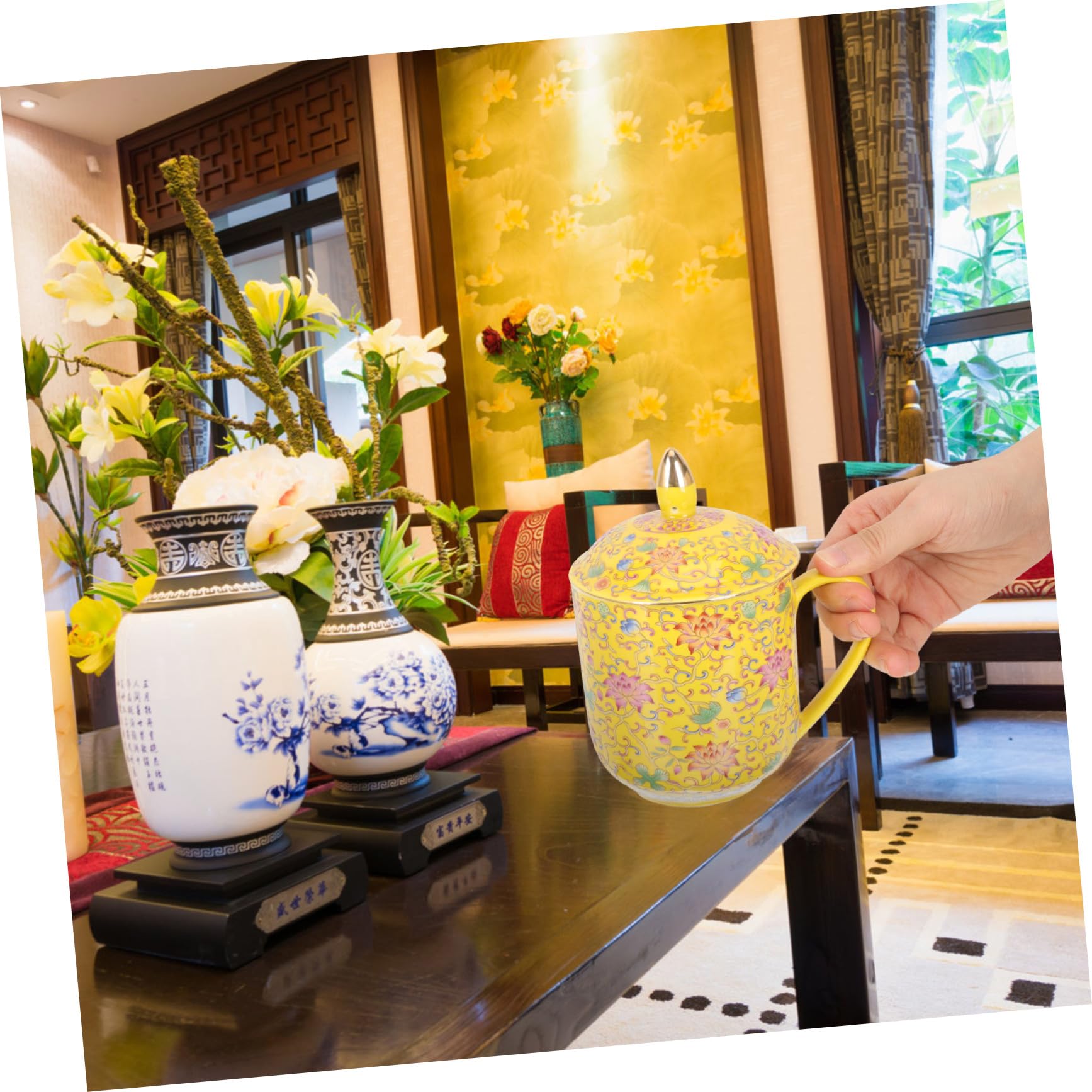 Teetasse Retro Design Chinesischer Stil Keramik mit Deckel und Sieb Gelb Klassischer Chic für Losen Tee Geeignet für Büro und Restaurant