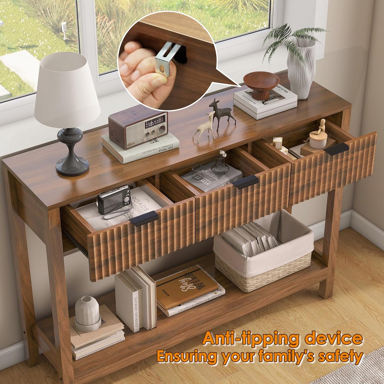 Fluted Console Table, Wooden Sofa Table with Storage and Drawers, Farmhouse Behind Couch Table Entryway Table for Entrance, Hallway, Living Room, Brown - Image 5