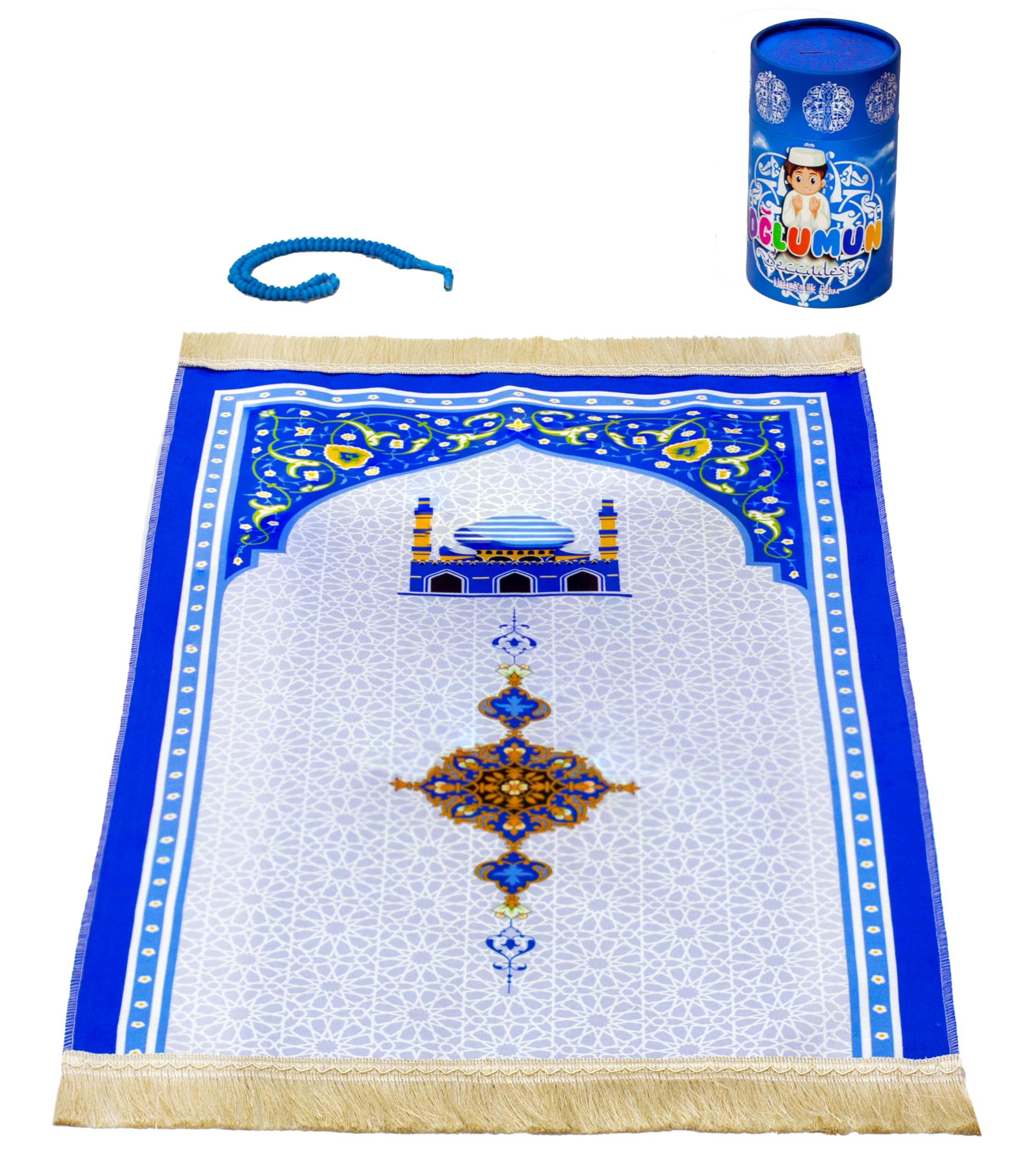Muslim Prayer Rug and Prayer Beads with Elegant Gift Box Islamic Gifts Set Prayer Carpet Mat Blue