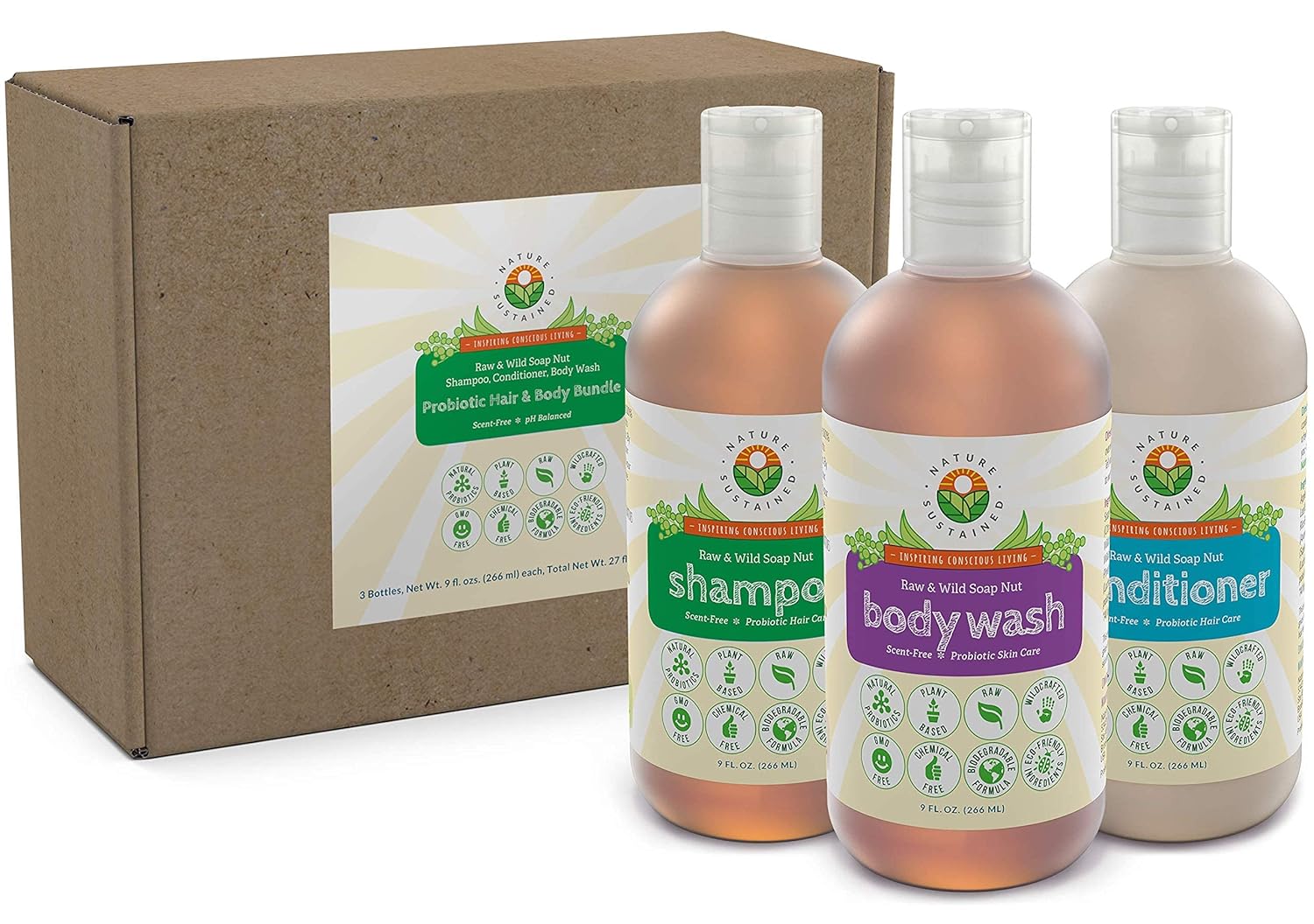 Probiotic Soapberry Body Wash, Shampoo & Conditioner Gift Bundle [Unscented] (3 Pack, pH Balanced) for Dry Hair and Sensitive Skin - (9 Oz. Bottles)