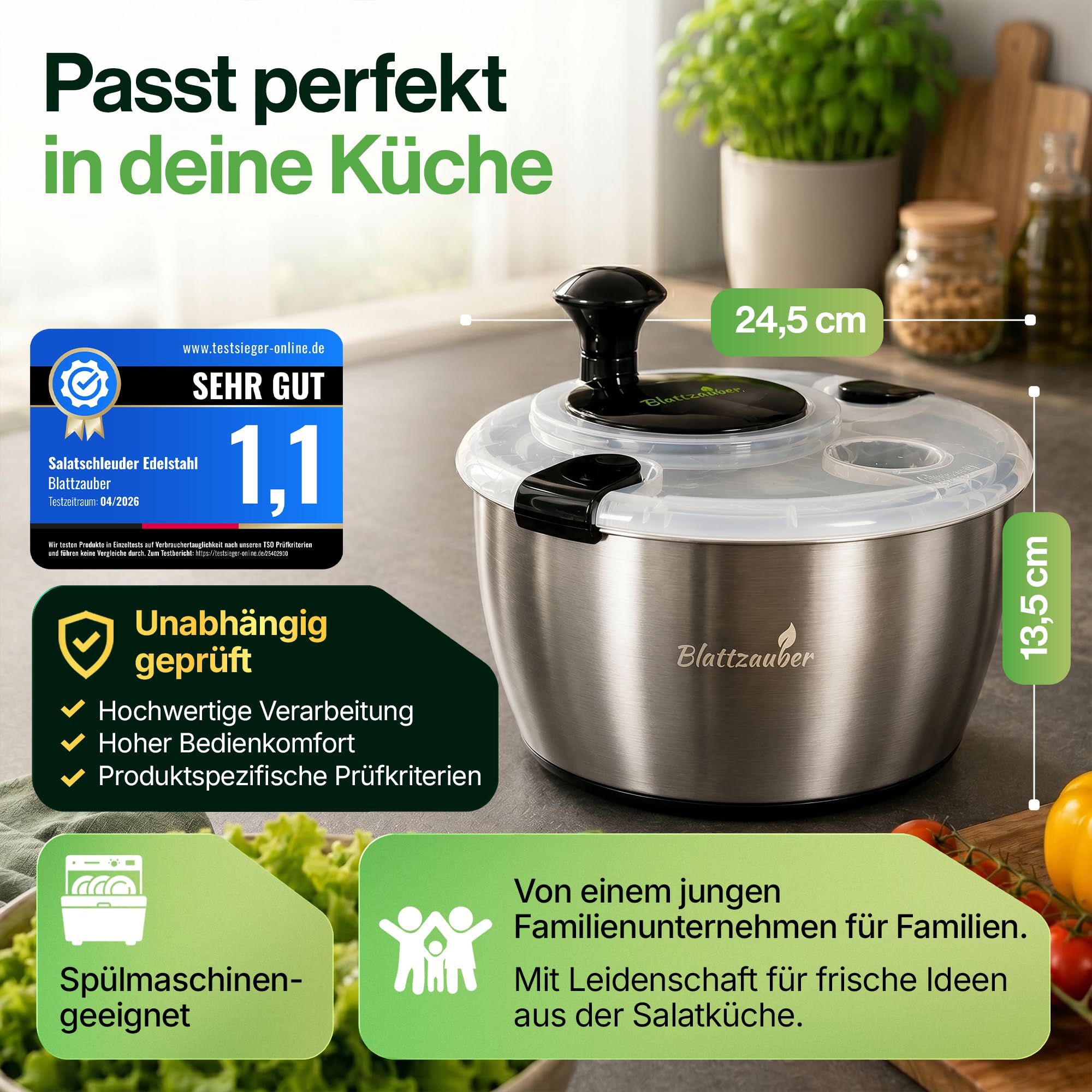 Salatschleuder Edelstahl 5 Liter Komplettset mit Deckel BPA-frei 2 Salatlöffel und Rezept Ebook Schleudern ohne Plastik für Gemüse und Kräuter