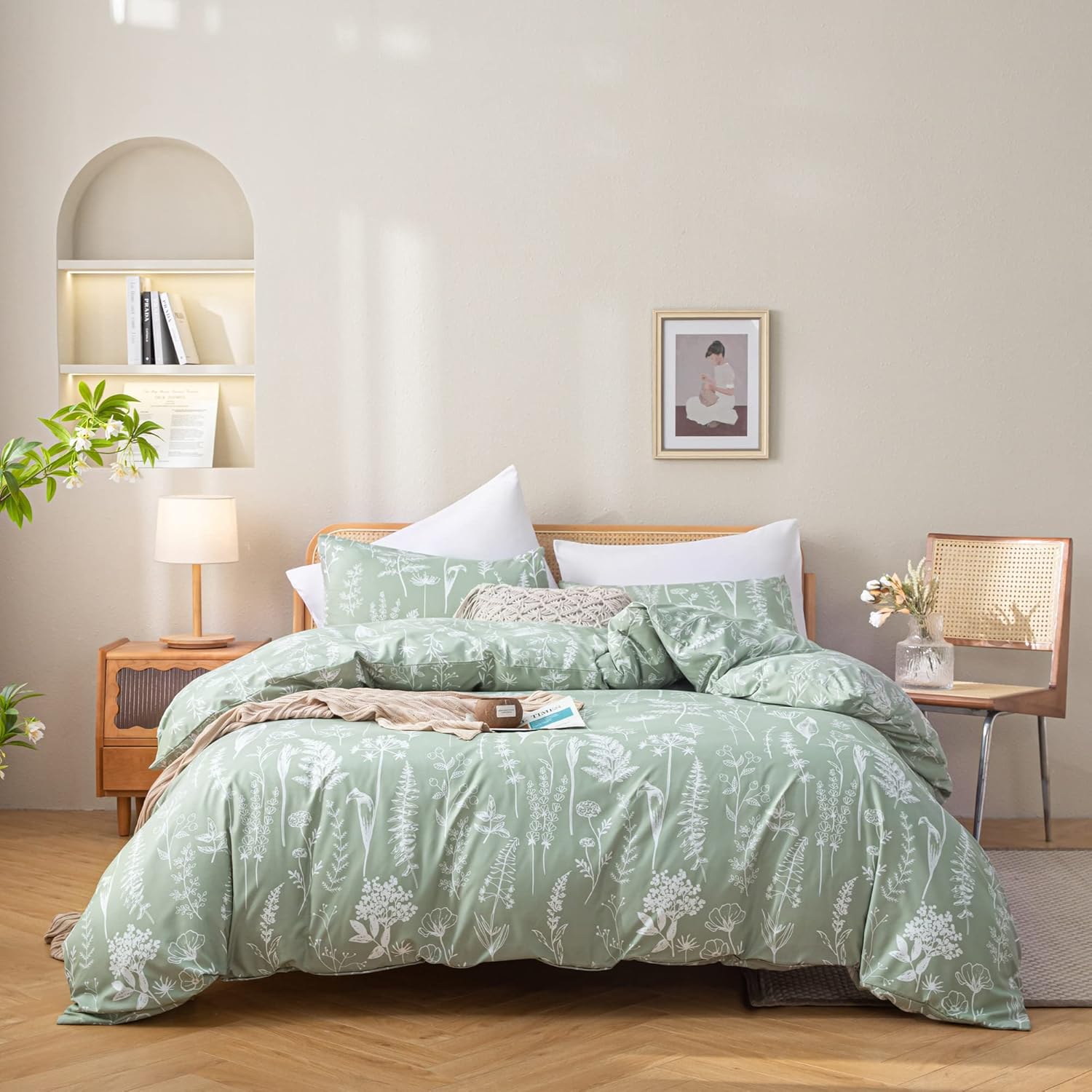 JANZAA Sage Green Comforter Twin Comforter Set,2 PCS Bedding Sets Floral Comforter Set Plant