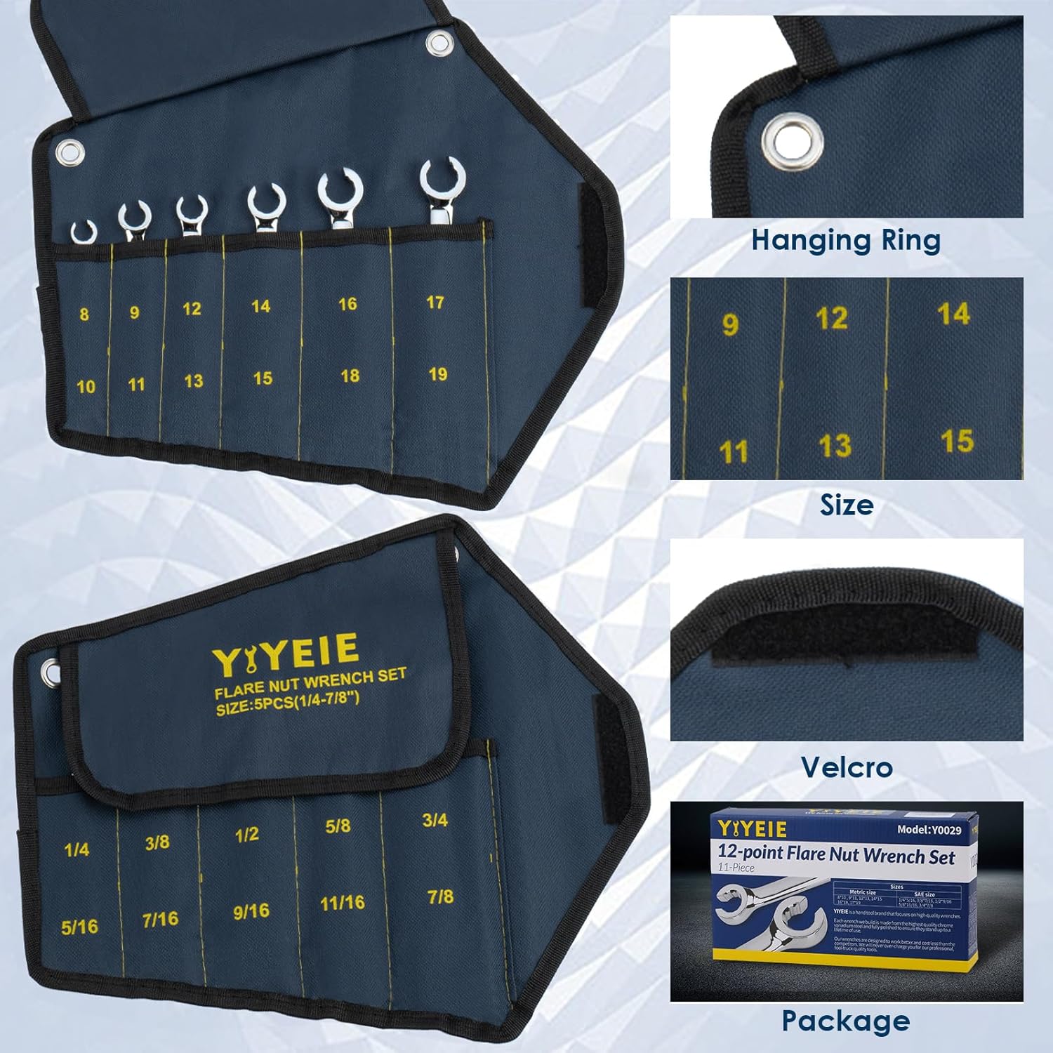 12-Point Flare Nut Wrench Set Metric & SAE, 8mm-19mm & 1/4"-7/8", 11PCS Offset Line Wrench Set for Brake, Fuel and Tubing, CR-V Steel, Double Open End with Organizer Pouch for Removing Nuts