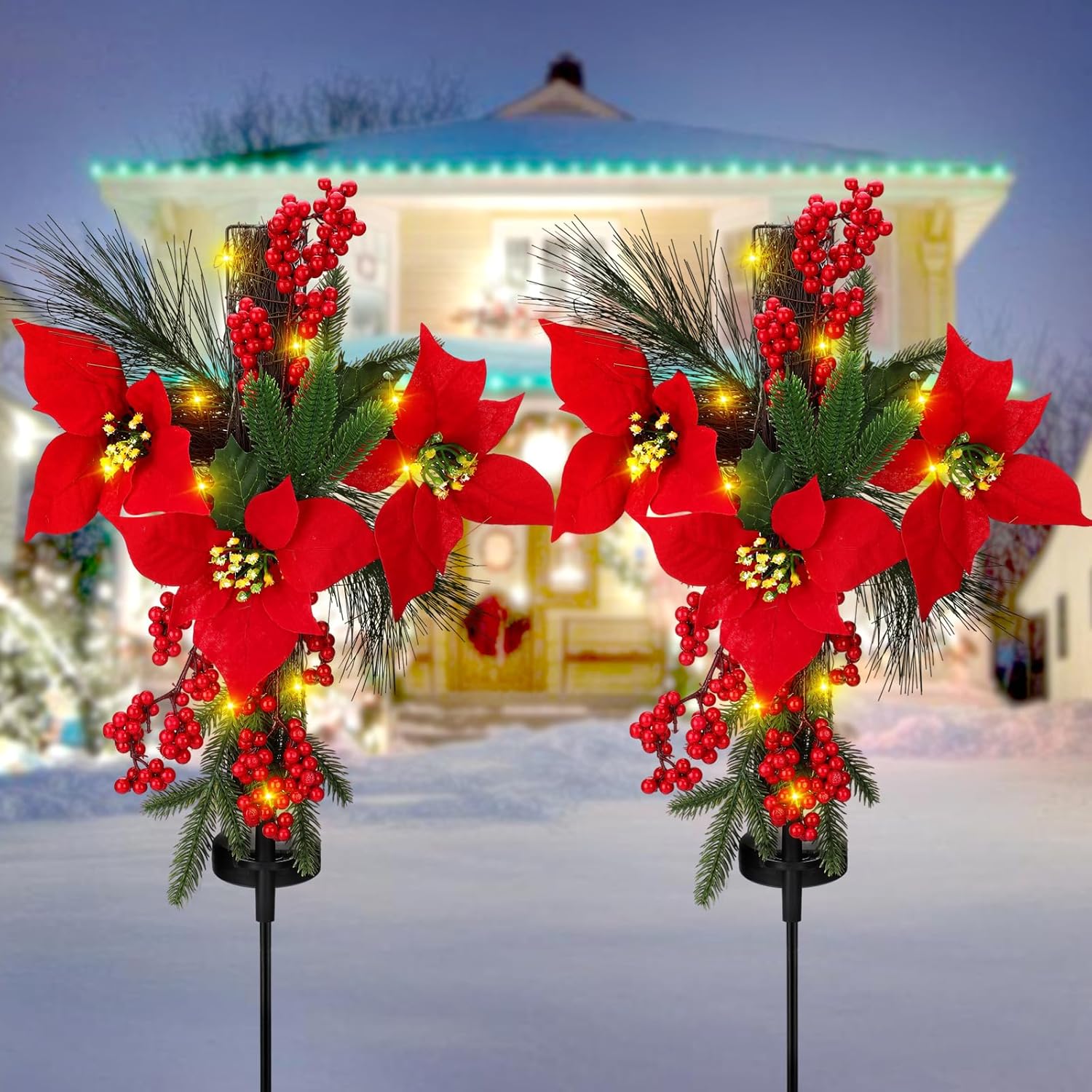 Christmas Cemetery Decorations for Grave - IP65 Waterproof Solar Lights Cross Stake with Faux Poinsettia Flowers Pine Foliage, Garden Lawn Yard Pathways Xmas Outdoor Decor (Metal Frame, 1 Pack)